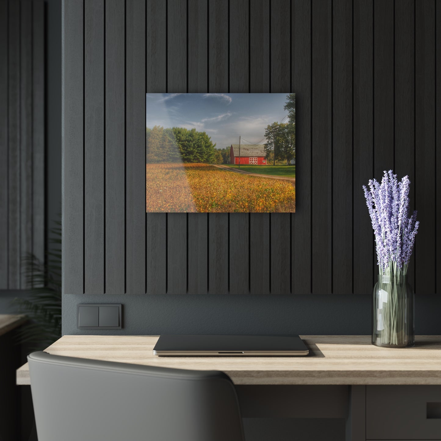 U R There Photography Red Barn on Golden Field Rustic Farmhouse Acrylic Analog Wall Clock