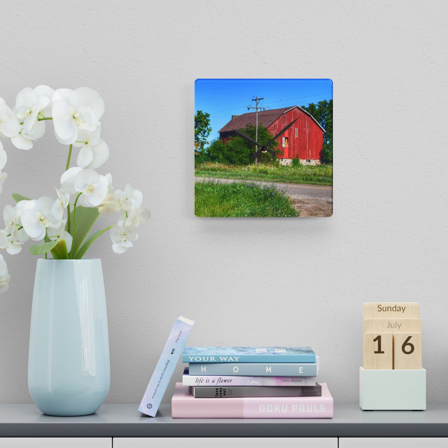 U R There Photography Armstrong Road Red II Rustic Farmhouse Acrylic Analog Wall Clock
