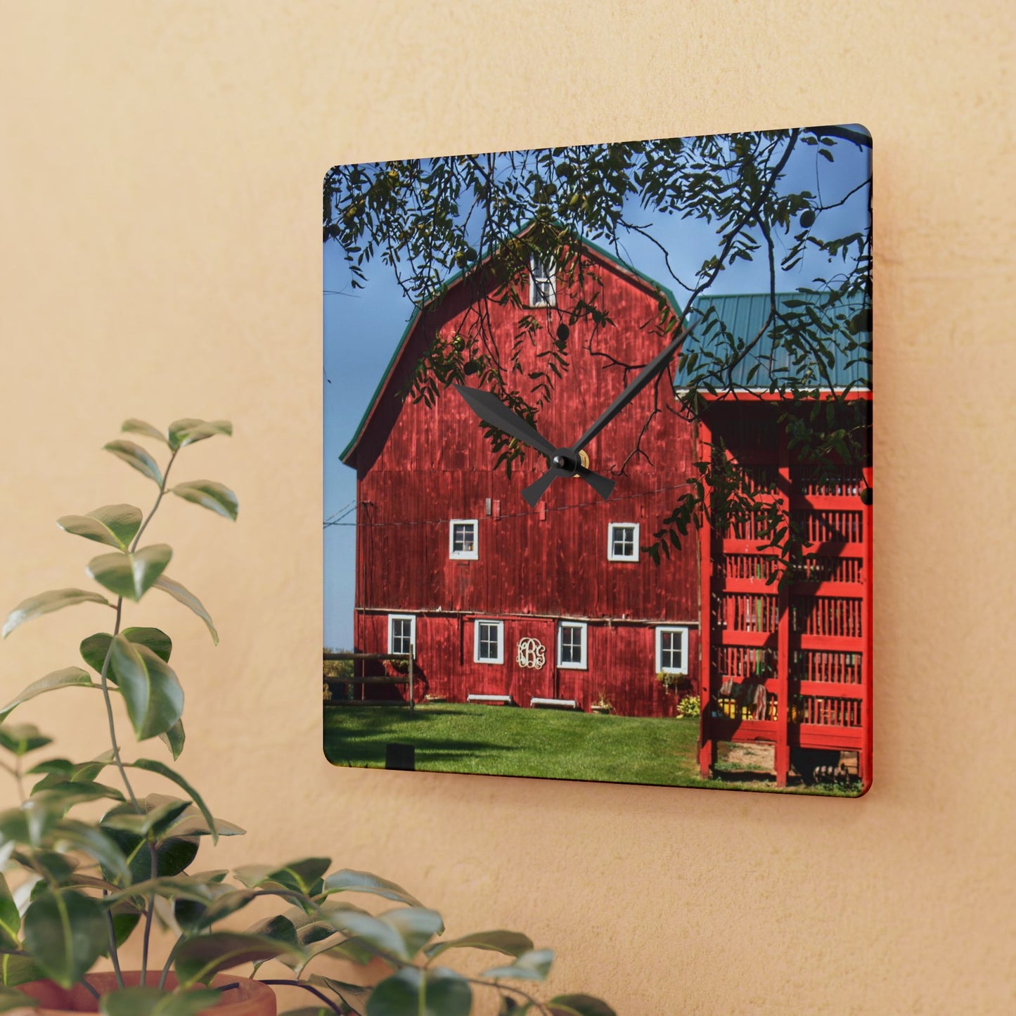 U R There Photography Gardner Road Red I Rustic Farmhouse Acrylic Analog Wall Clock
