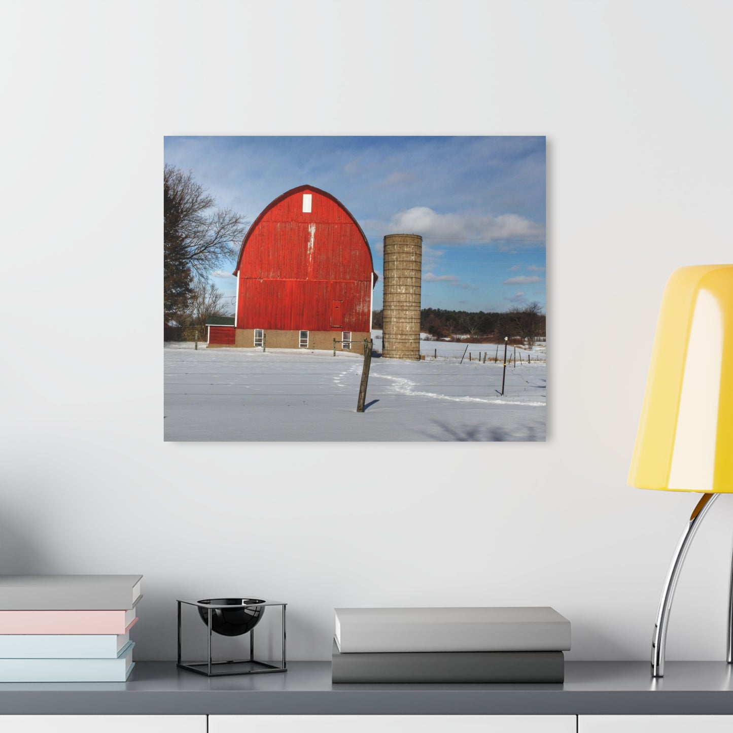 U R There Photography Barnes Road Winter Red Rustic Farmhouse Acrylic Wall Print