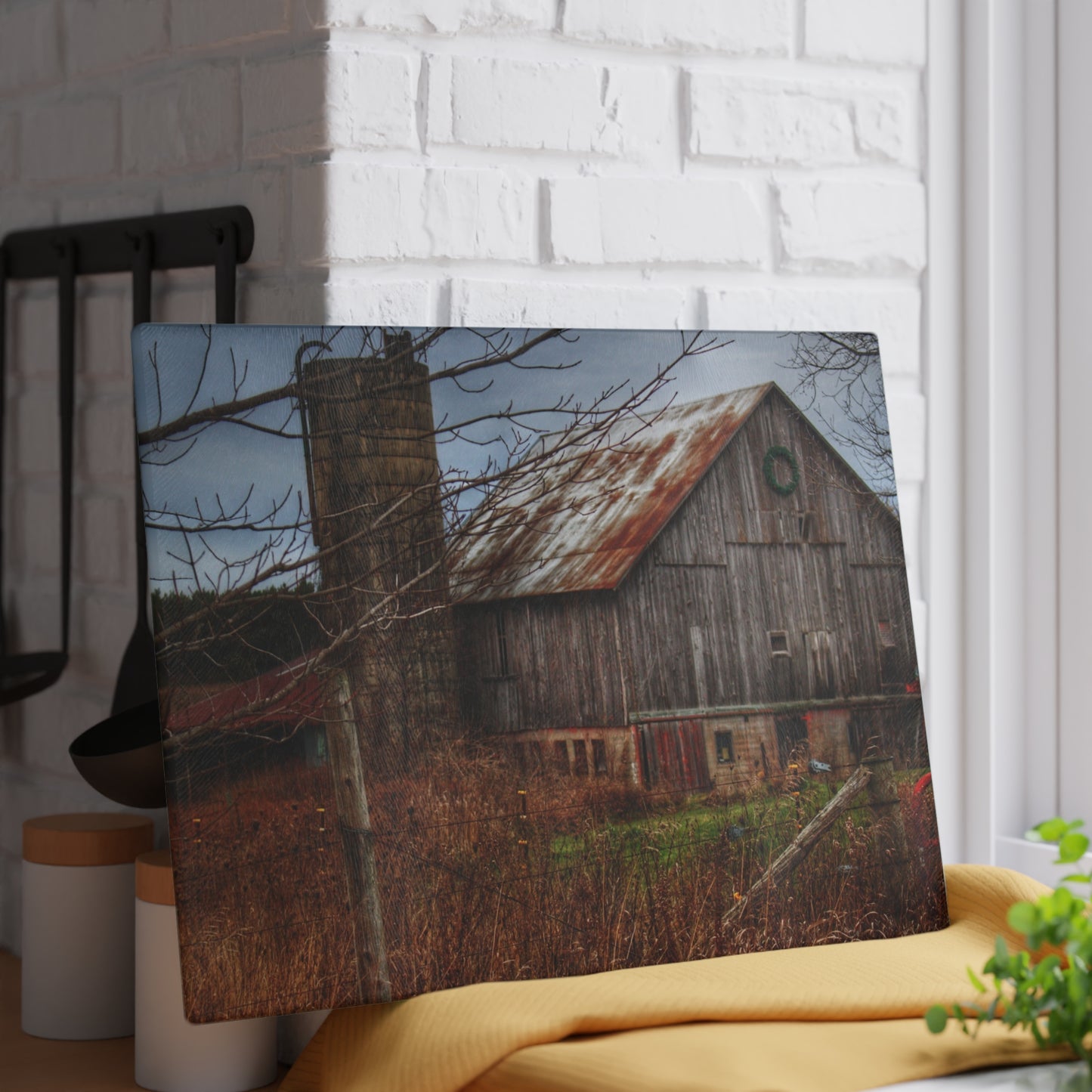 U R There Photography Churchill Christmas Barn II Rustic Farmhouse Tempered-Glass Cutting Board