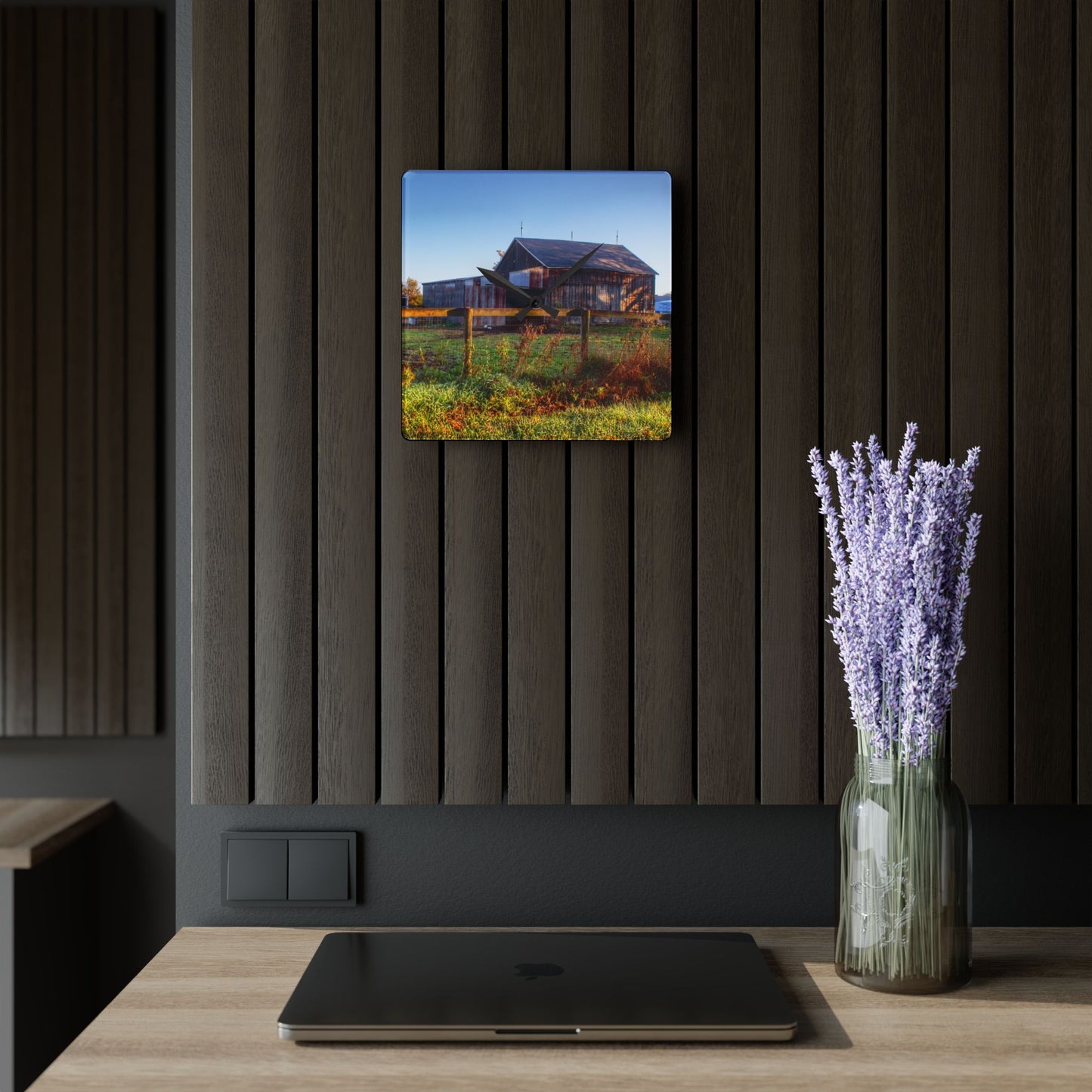U R There Photography Hunters Creek Grey Saltbox Rustic Farmhouse Acrylic Analog Wall Clock