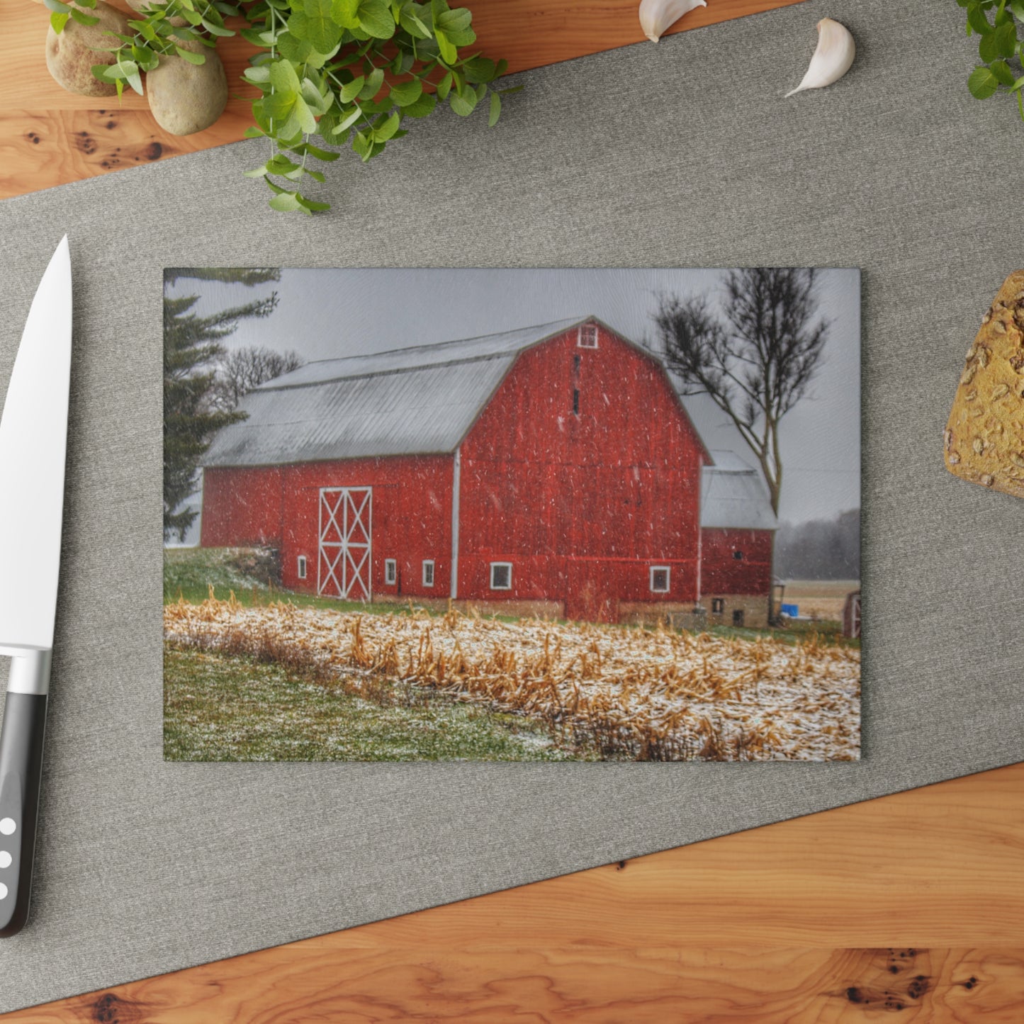 U R There Photography Shoemaker Road Winter Reds I Rustic Farmhouse Tempered-Glass Cutting Board