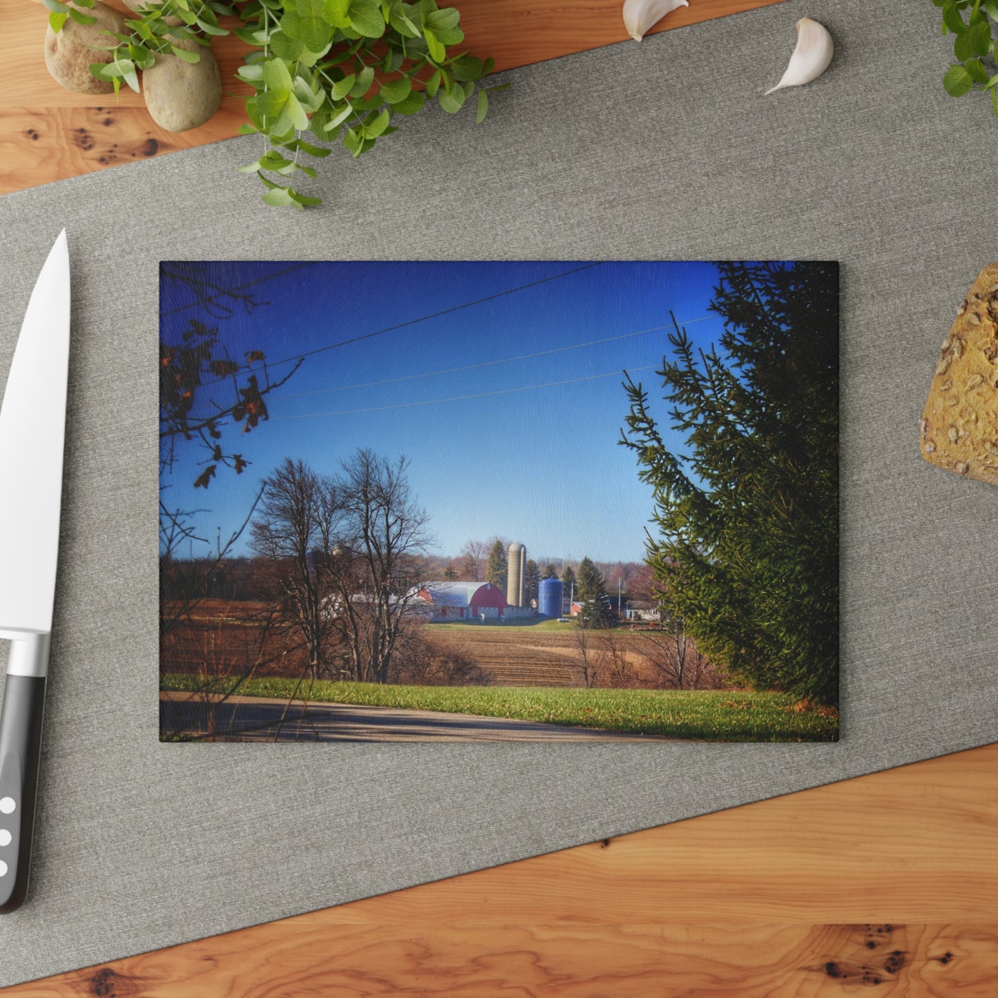 U R There Photography Across the Field on Brocker Road Rustic Farmhouse Tempered-Glass Cutting Board