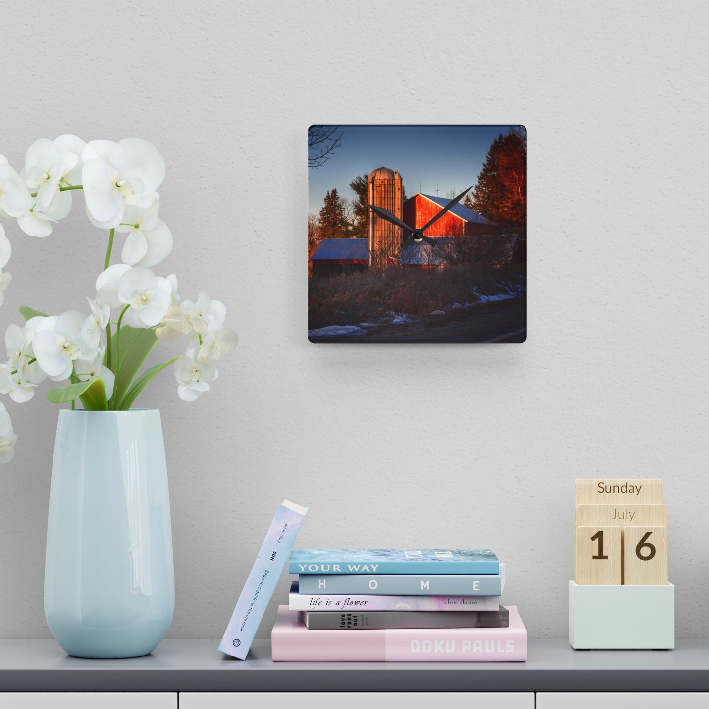 U R There Photography Mount Morris Road Reds and Silo in Winter Rustic Farmhouse Acrylic Analog Wall Clock