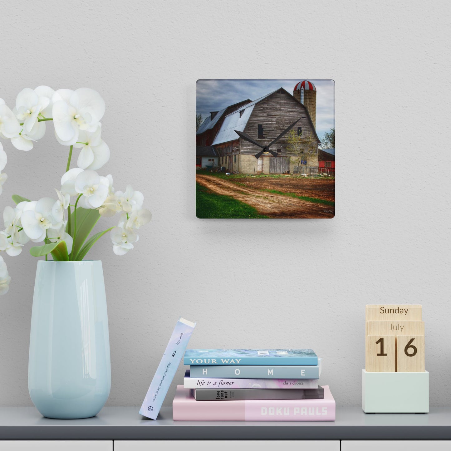 U R There Photography Murphy Lake Road Grey l Rustic Farmhouse Acrylic Analog Wall Clock