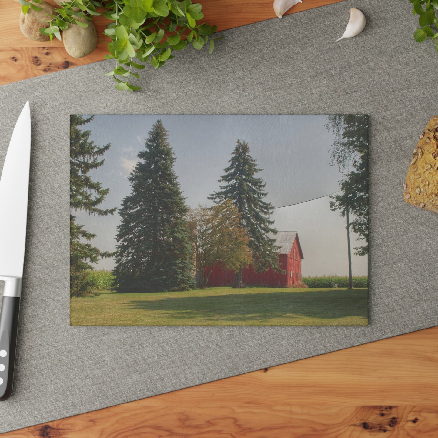U R There Photography Small Red Barn Beneath the Pines Rustic Farmhouse Tempered-Glass Cutting Board