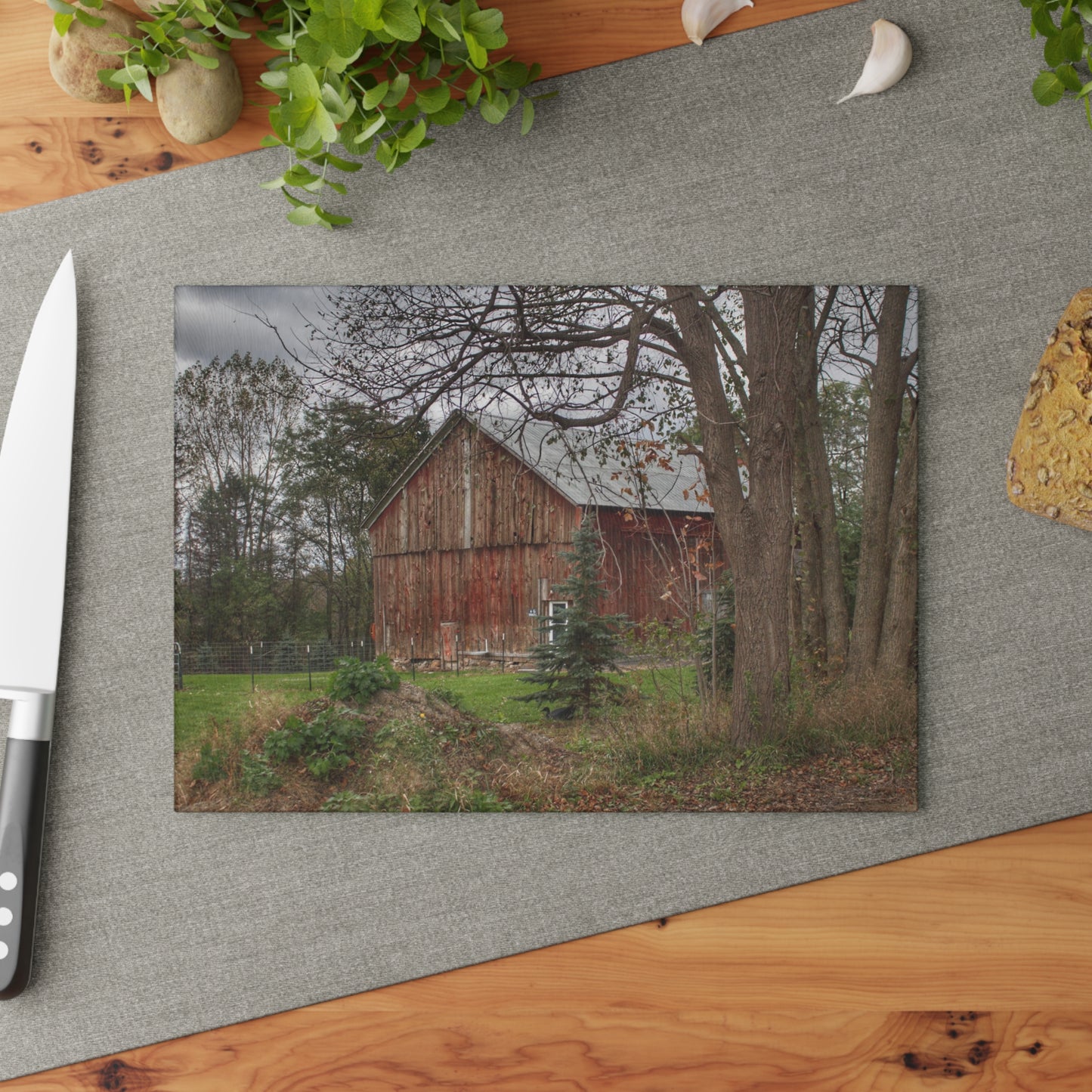 U R There Photography Big Fish Lake Road Red Rustic Farmhouse Tempered-Glass Cutting Board