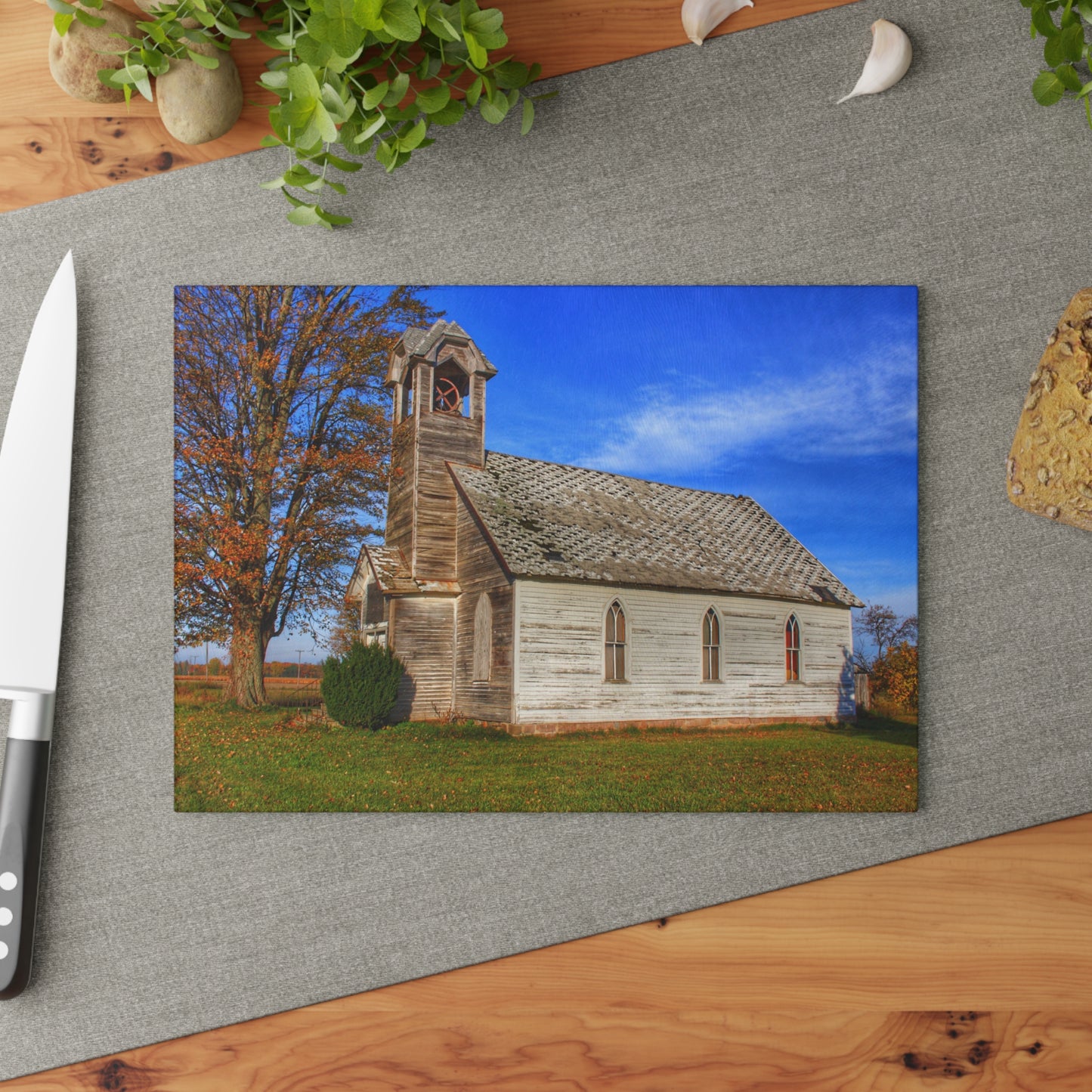 U R There Photography Schoolhouse of Marlette Road I Rustic Farmhouse Tempered-Glass Cutting Board