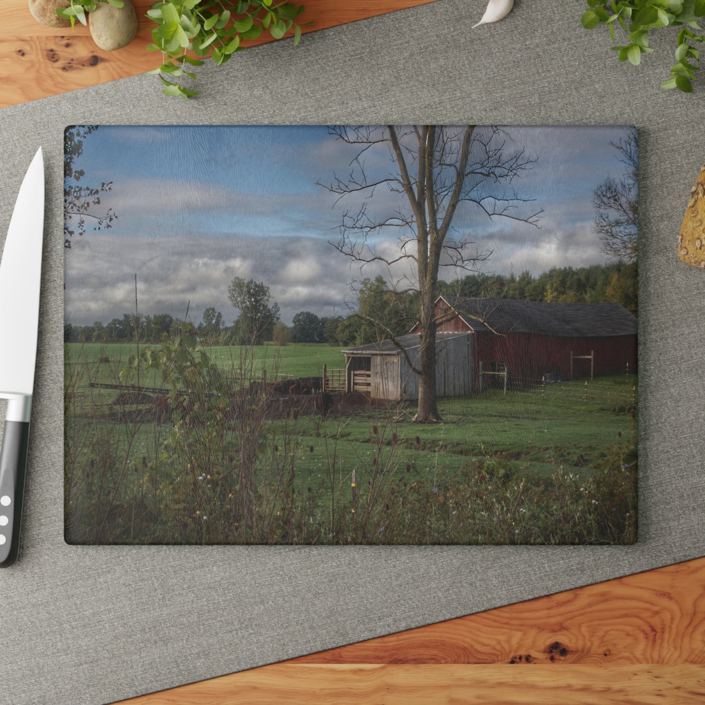 U R There Photography West Oregon Road Hidden Red IV Rustic Farmhouse Tempered-Glass Cutting Board