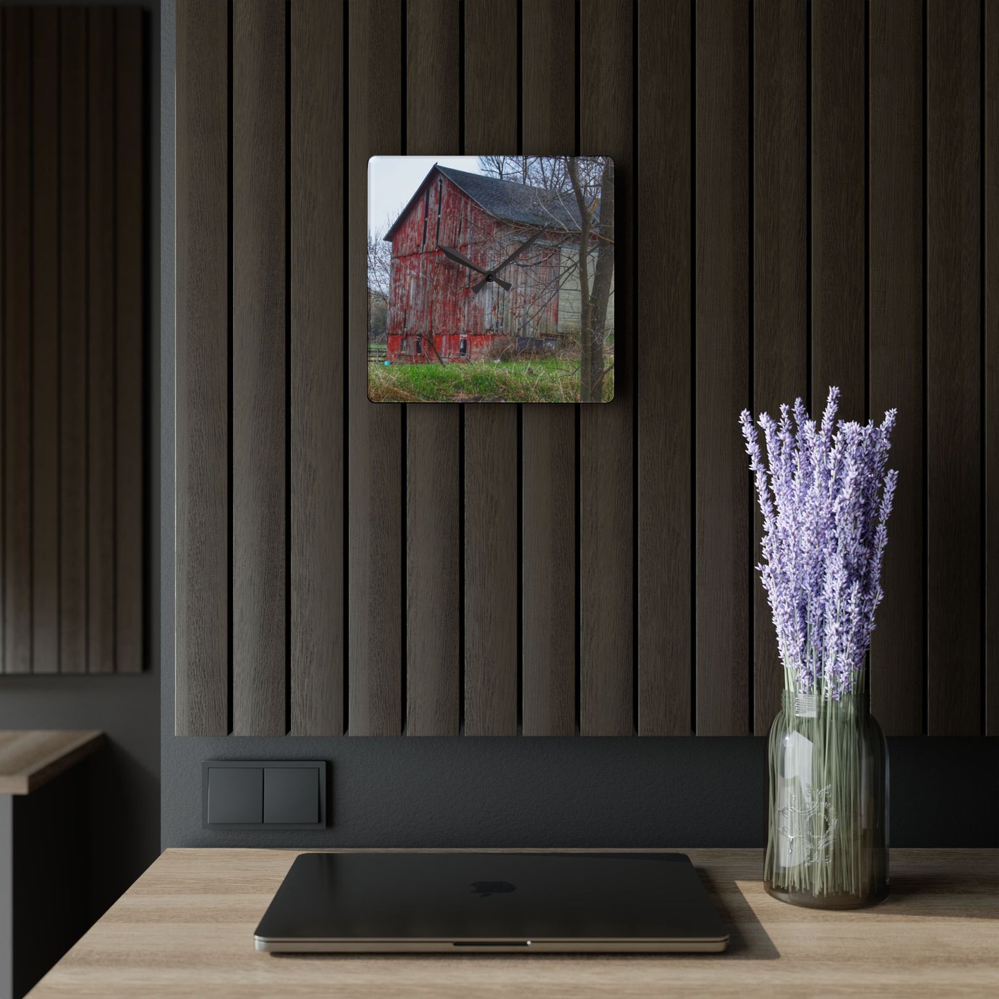 U R There Photography Lake George Red I Rustic Farmhouse Acrylic Analog Wall Clock