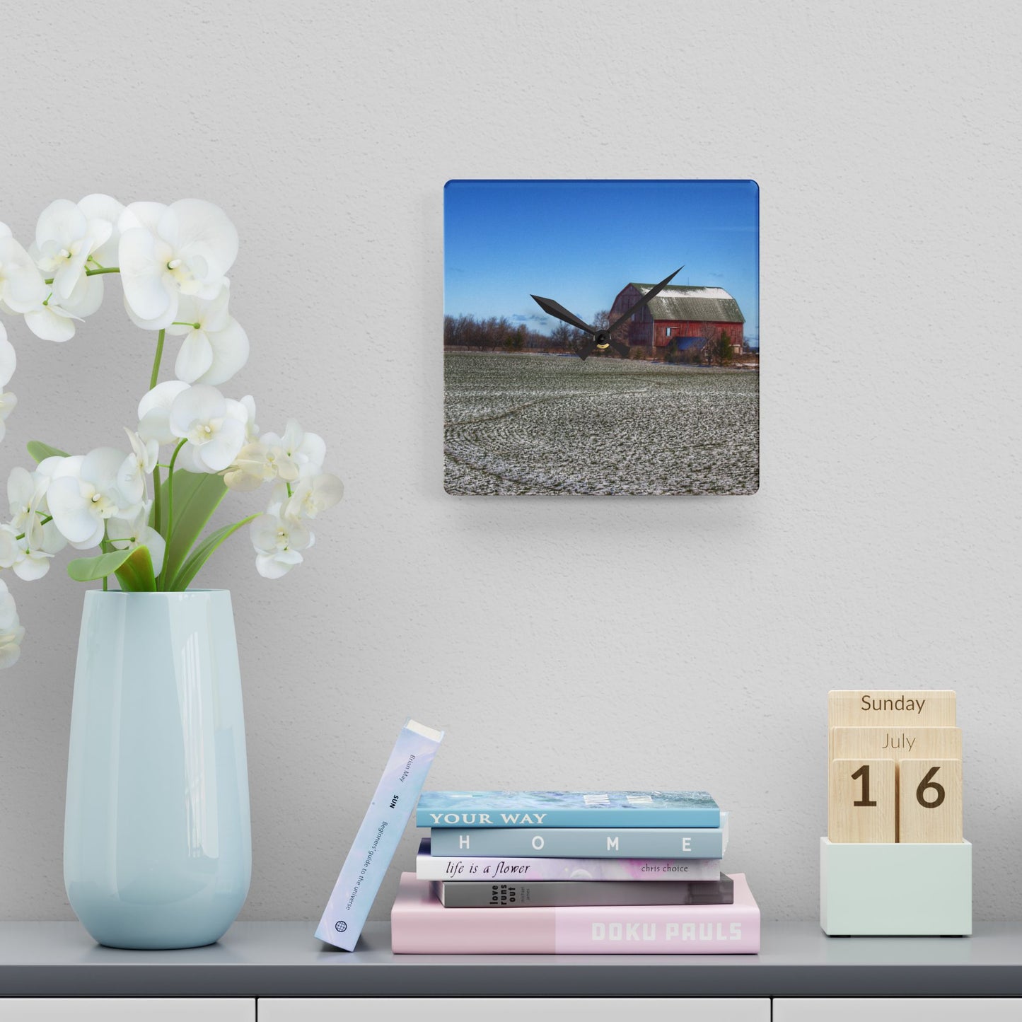 U R There Photography Early Spring Red II Rustic Farmhouse Acrylic Analog Wall Clock