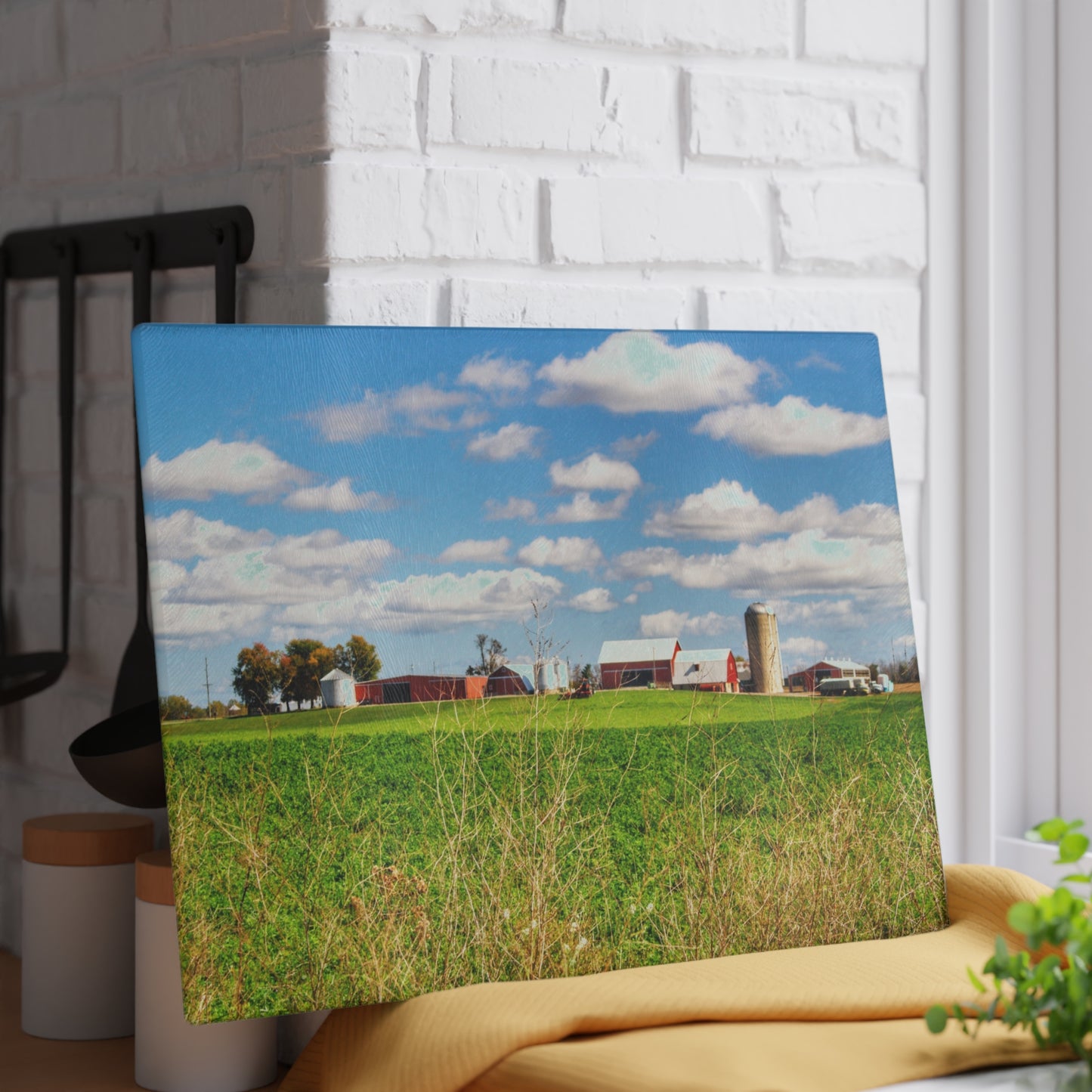 U R There Photography Pattison Road Farm Across the Field I Rustic Farmhouse Tempered-Glass Cutting Board