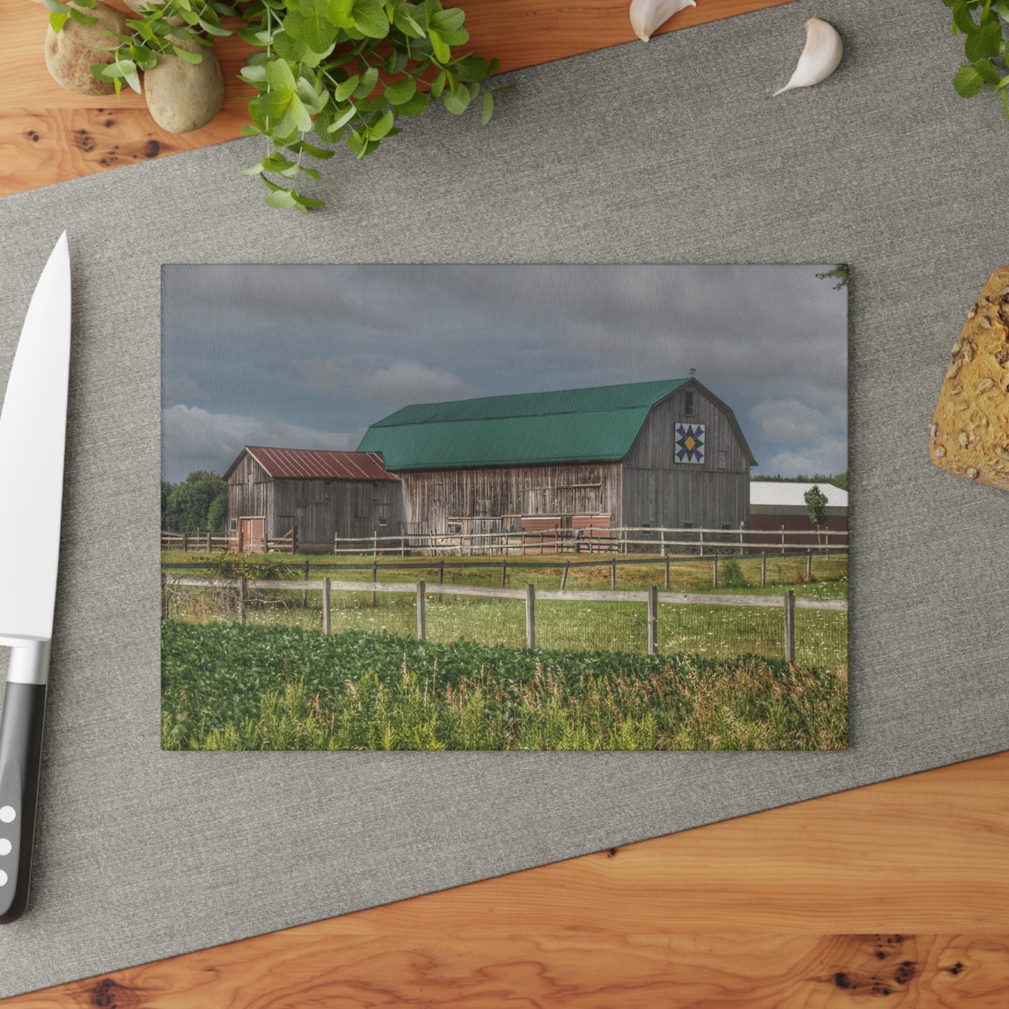 U R There Photography West Millington Road Grey Quilt Rustic Farmhouse Tempered-Glass Cutting Board