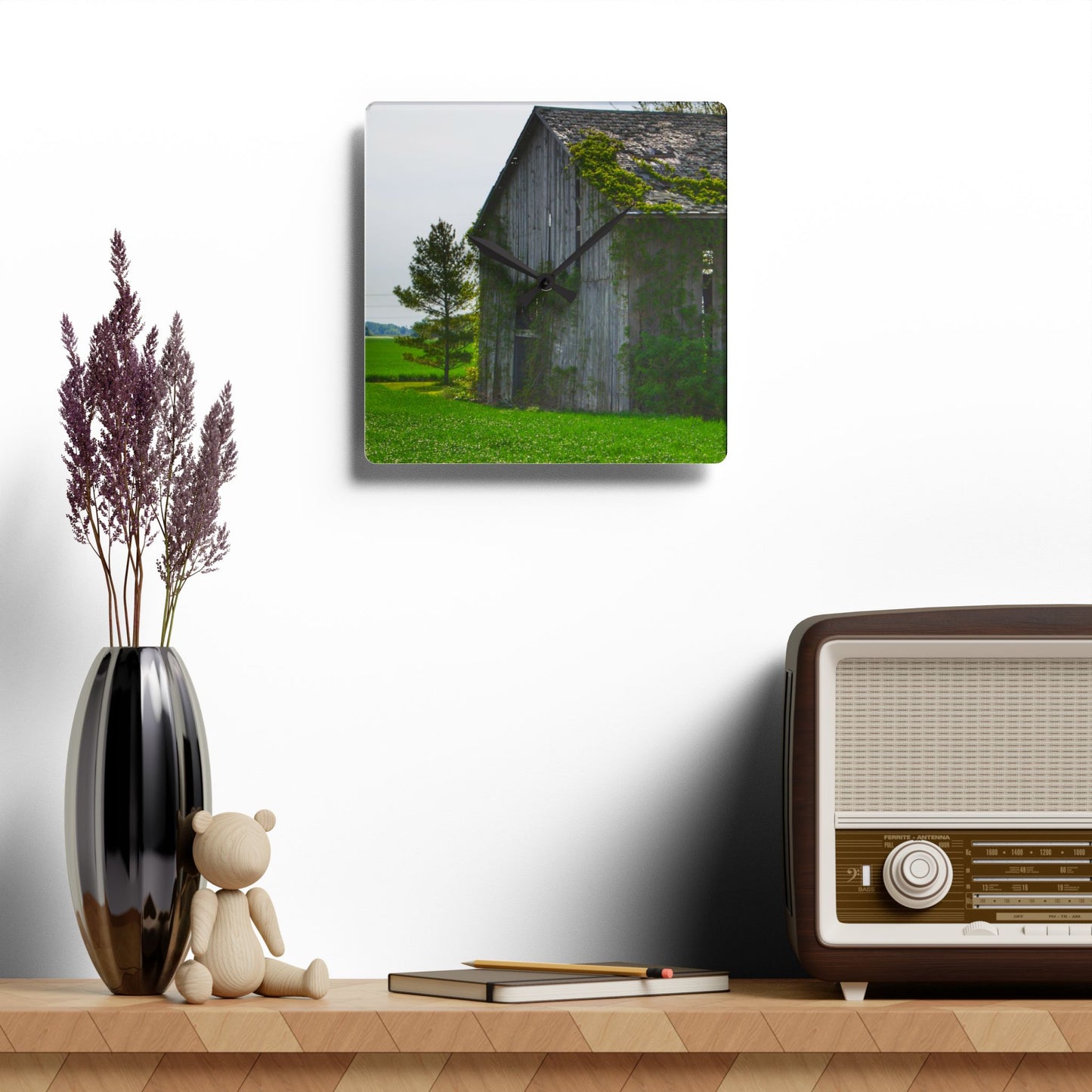 U R There Photography Caro Road Twin Grey II Rustic Farmhouse Acrylic Analog Wall Clock