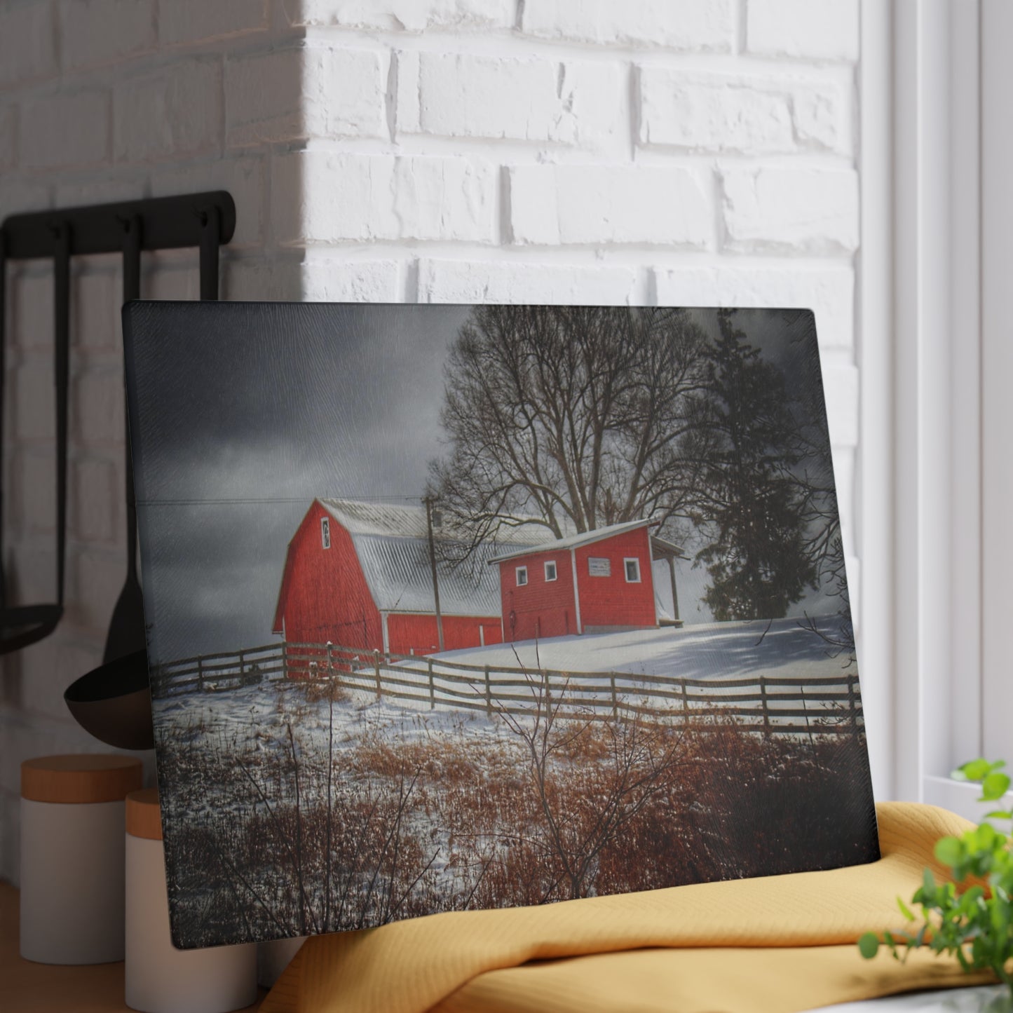 U R There Photography Catlin Red and Fence I Rustic Farmhouse Tempered-Glass Cutting Board