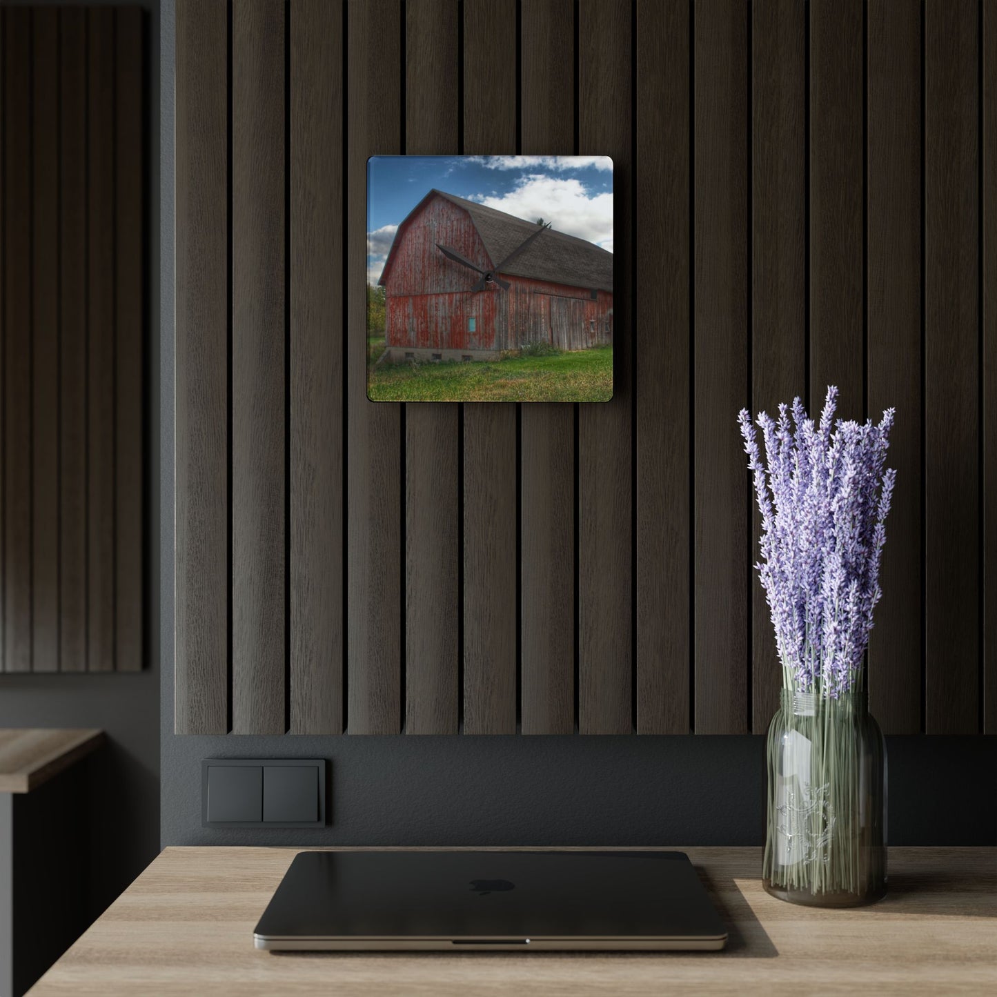 U R There Photography Baldwin Road Red Rustic Farmhouse Acrylic Analog Wall Clock