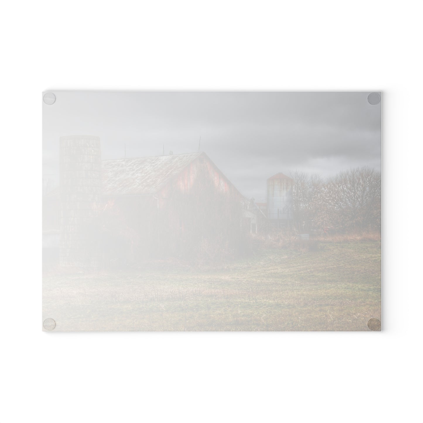 U R There Photography Slattery Road Old Red and Silo II Rustic Farmhouse Tempered-Glass Cutting Board 8"x 11"d