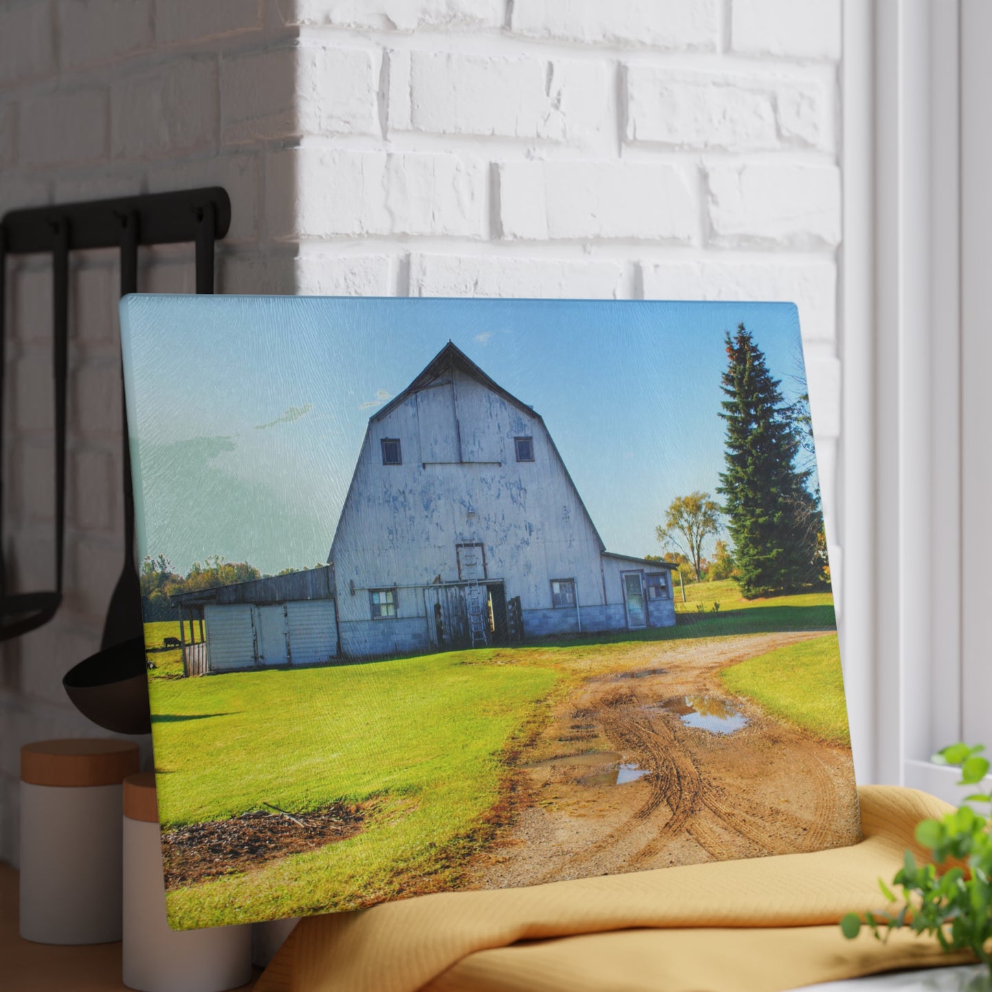 U R There Photography Yale Fremont Road Grey Rustic Farmhouse Tempered-Glass Cutting Board
