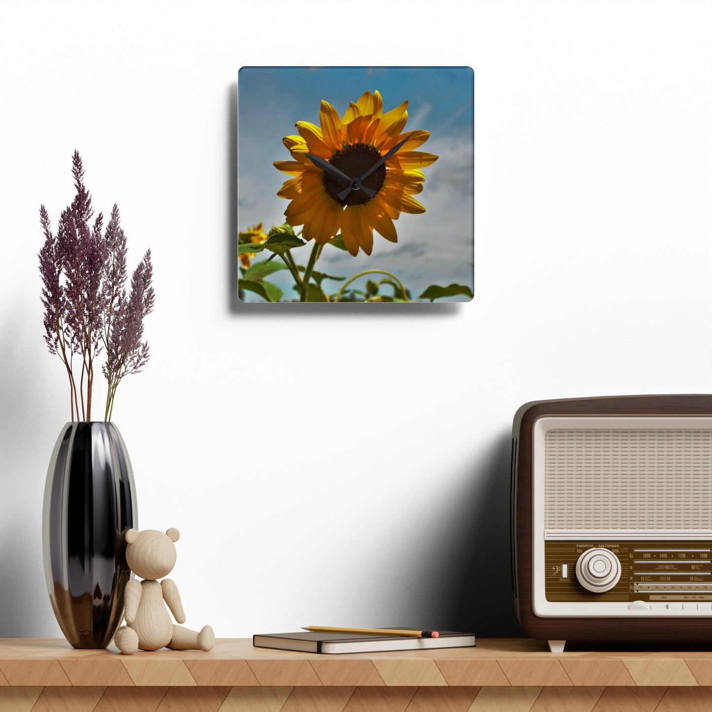U R There Photography Awakening Sunflower Rustic Farmhouse Acrylic Analog Wall Clock