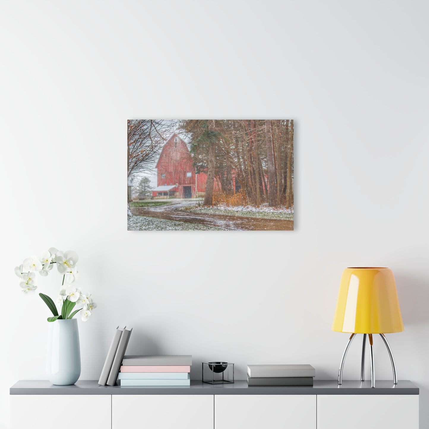 U R There Photography Tubspring Road Hidden Winter Red Rustic Farmhouse Acrylic Wall Print