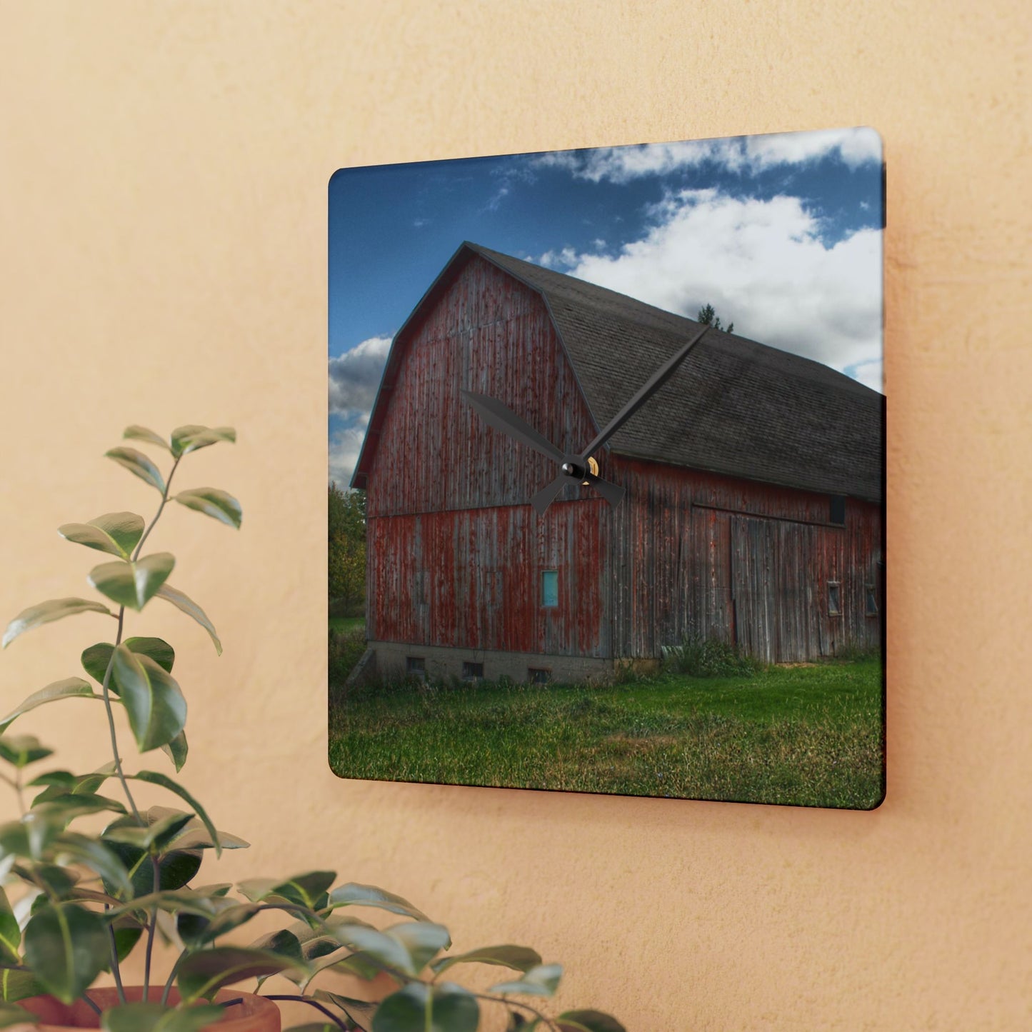 U R There Photography Baldwin Road Red Rustic Farmhouse Acrylic Analog Wall Clock