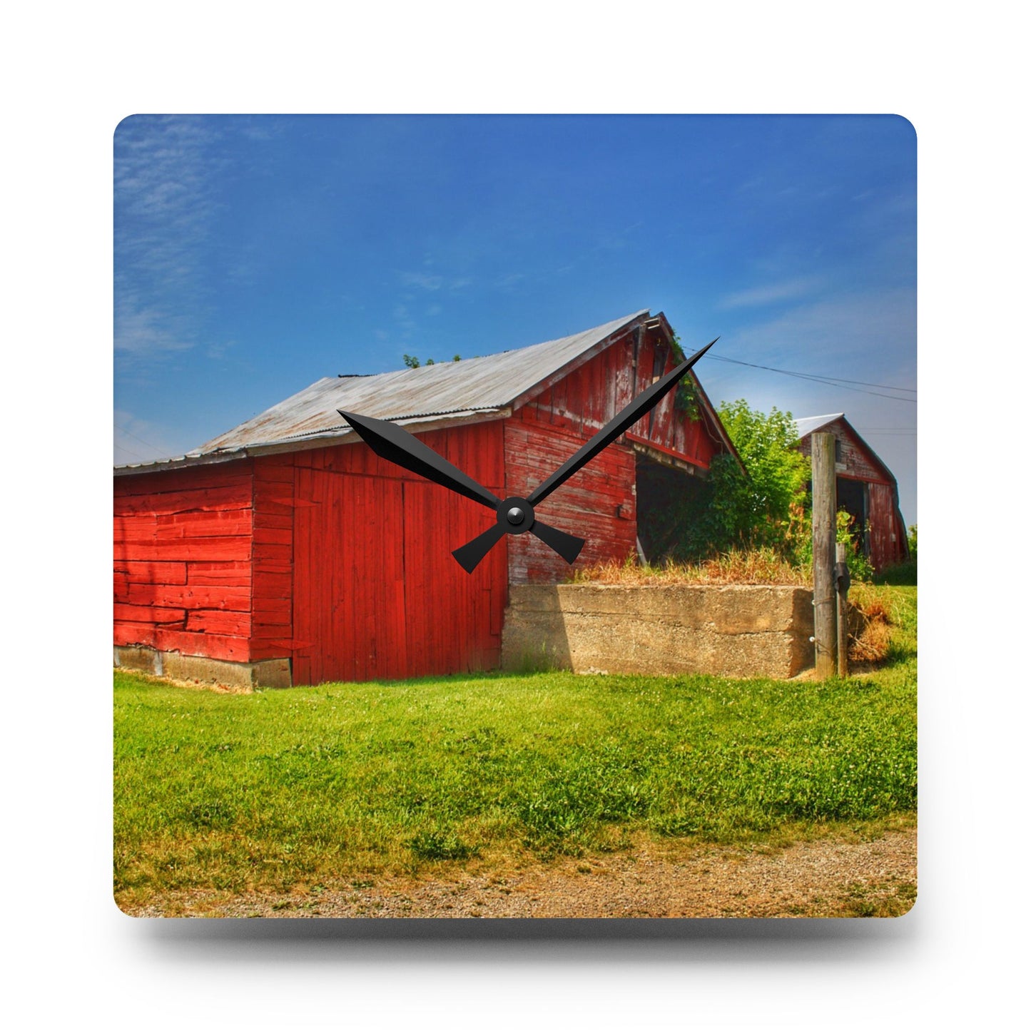 U R There Photography Marlette Road Saltbox Red Rustic Farmhouse Acrylic Analog Wall Clock