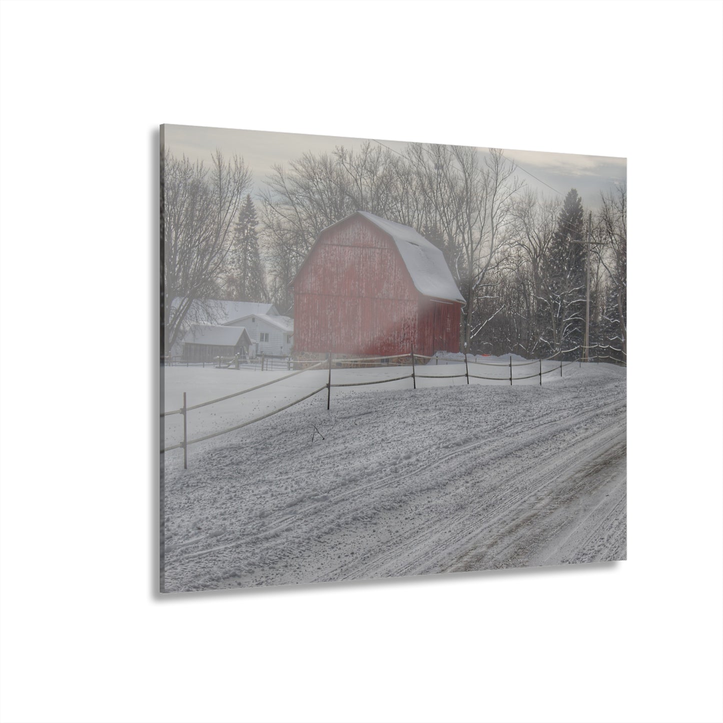 U R There Photography Phillips Road Winter Red Rustic Farmhouse Acrylic Wall Print 14 "x 11"