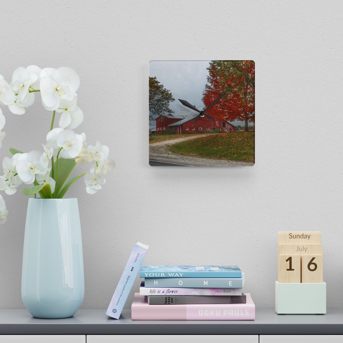 U R There Photography Goodrich Baldwin Road Reds II Rustic Farmhouse Acrylic Analog Wall Clock