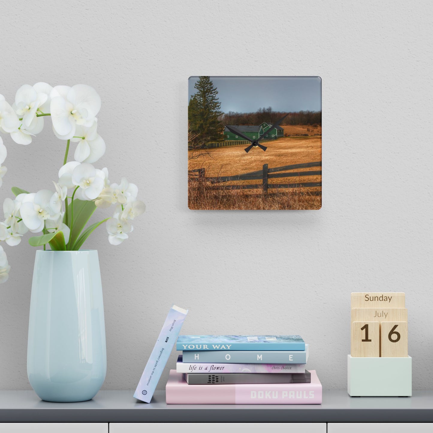 U R There Photography Green Barns and Broken Fences Rustic Farmhouse Acrylic Analog Wall Clock