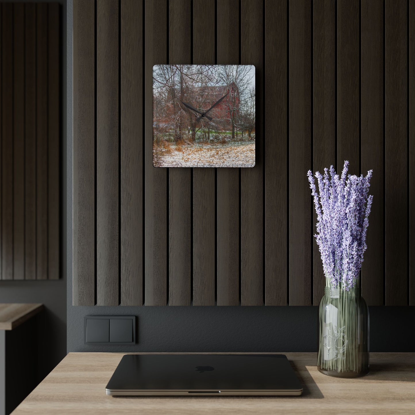 U R There Photography Hough Road Hidden Winter Red II Rustic Farmhouse Acrylic Analog Wall Clock