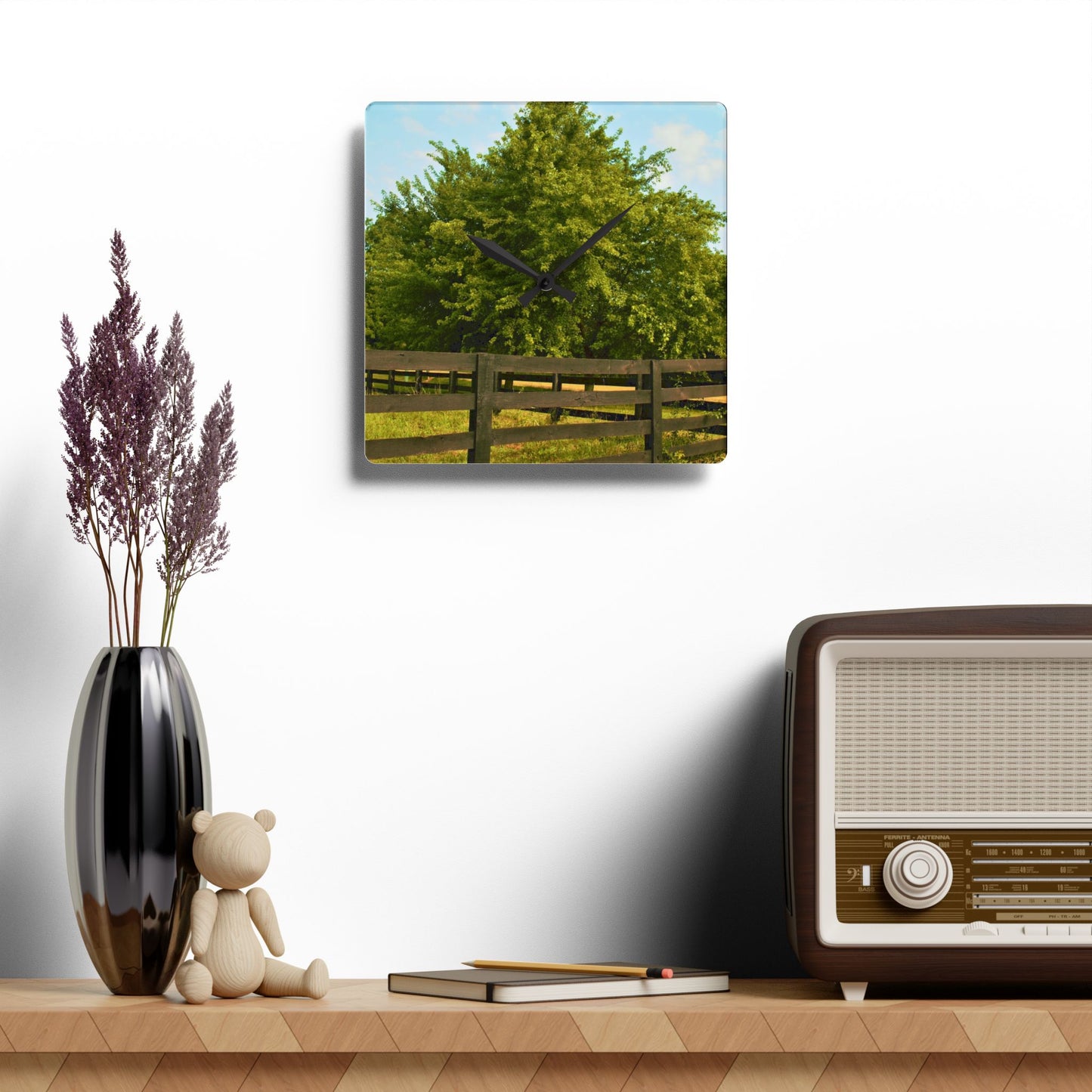 U R There Photography Country Fence and Tree in Metamora Rustic Farmhouse Acrylic Analog Wall Clock