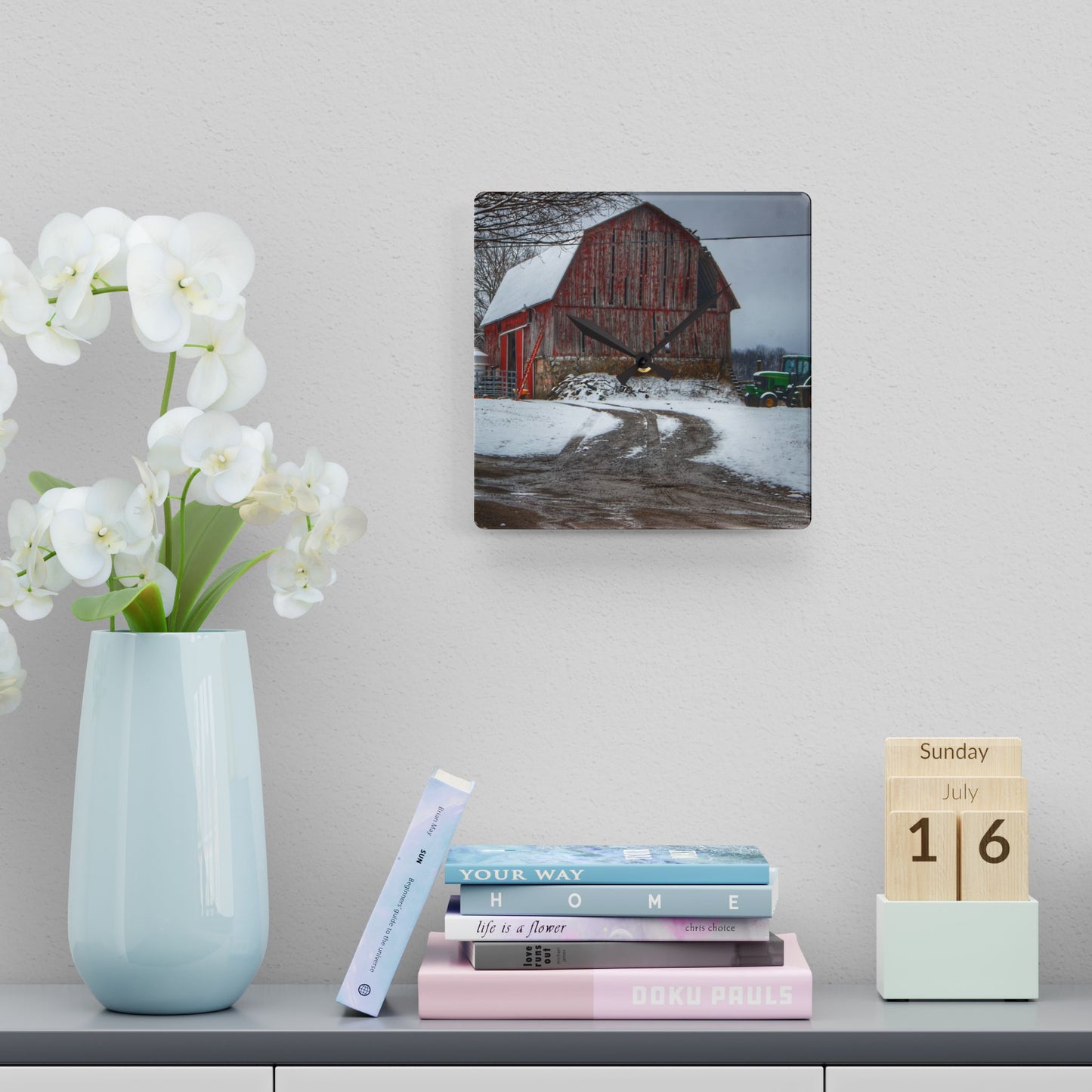 U R There Photography Marathon Road Red in Winter Rustic Farmhouse Acrylic Analog Wall Clock