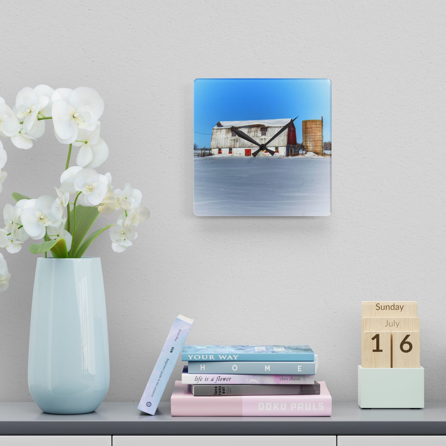 U R There Photography Bay City - Forestville Block Red Rustic Farmhouse Acrylic Analog Wall Clock