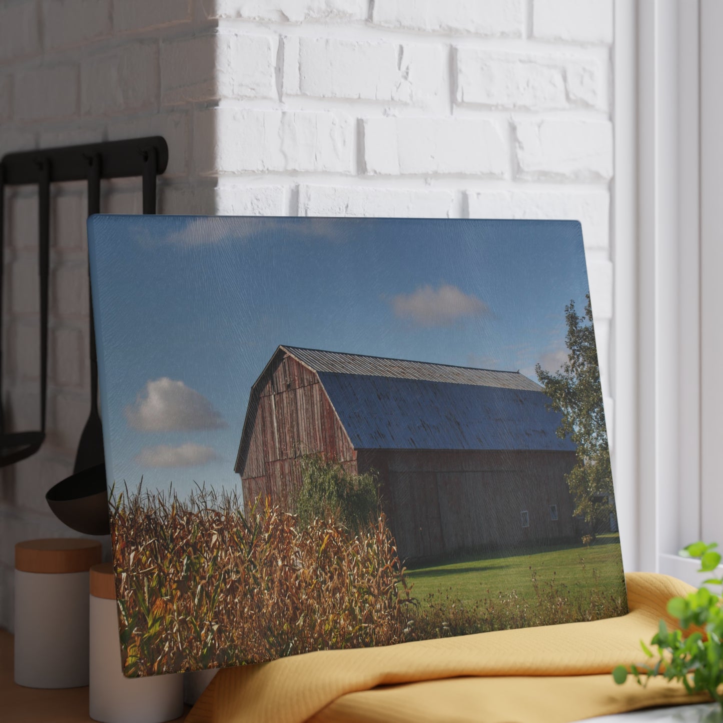 U R There Photography Croswell Fargo Road Red Rustic Farmhouse Tempered-Glass Cutting Board