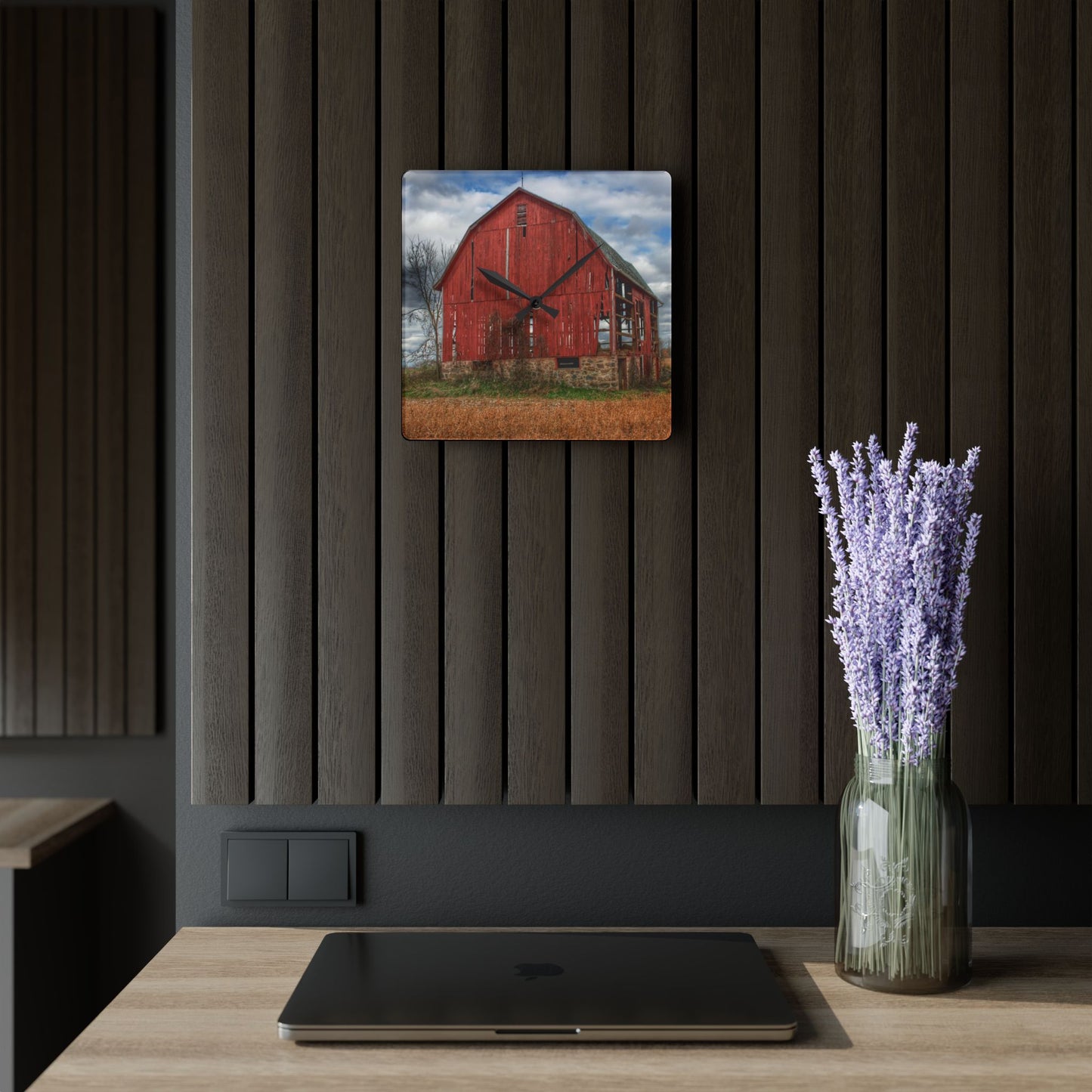 U R There Photography Laur Road Forgotten Red I Rustic Farmhouse Acrylic Analog Wall Clock