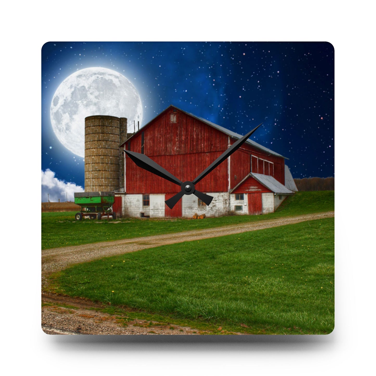 U R There Photography Fostoria Red in the Moonlight Rustic Farmhouse Acrylic Analog Wall Clock