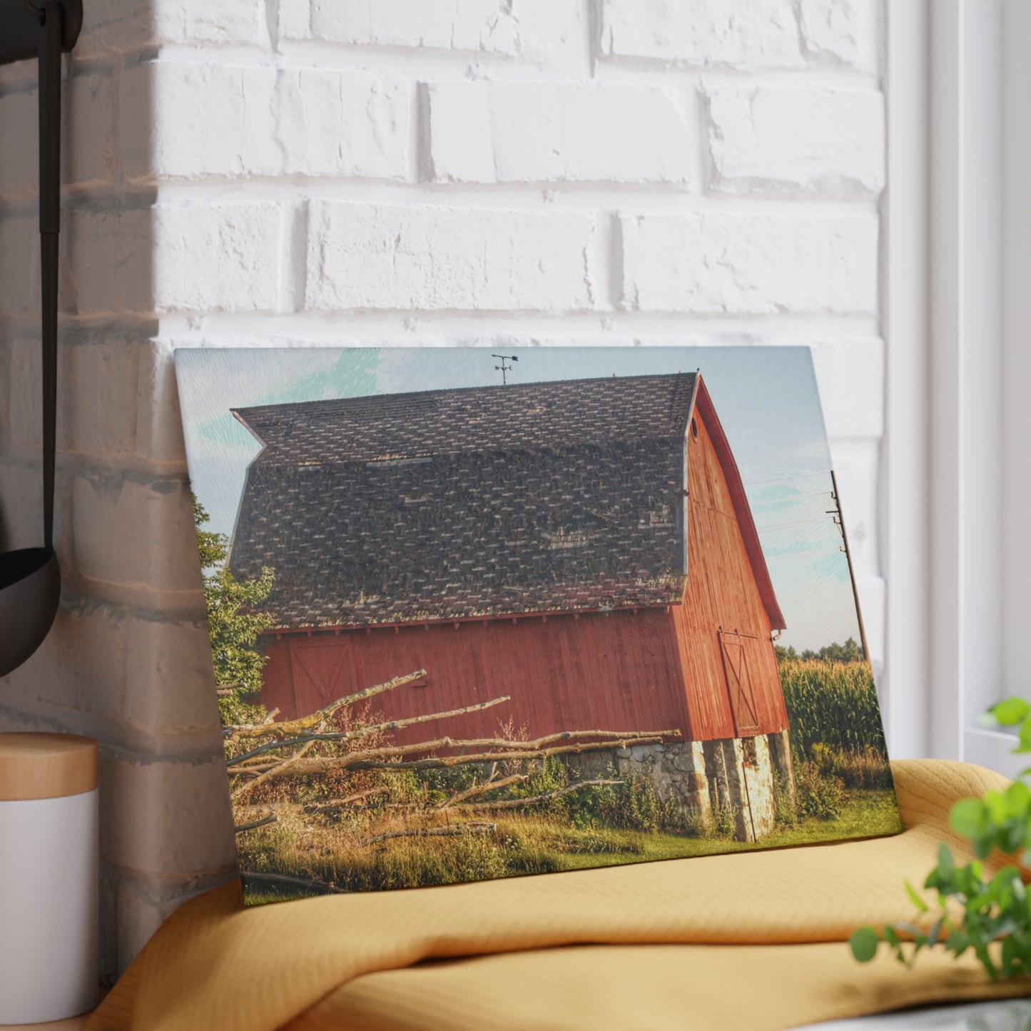U R There Photography Otter Lake Road Red II Rustic Farmhouse Tempered-Glass Cutting Board