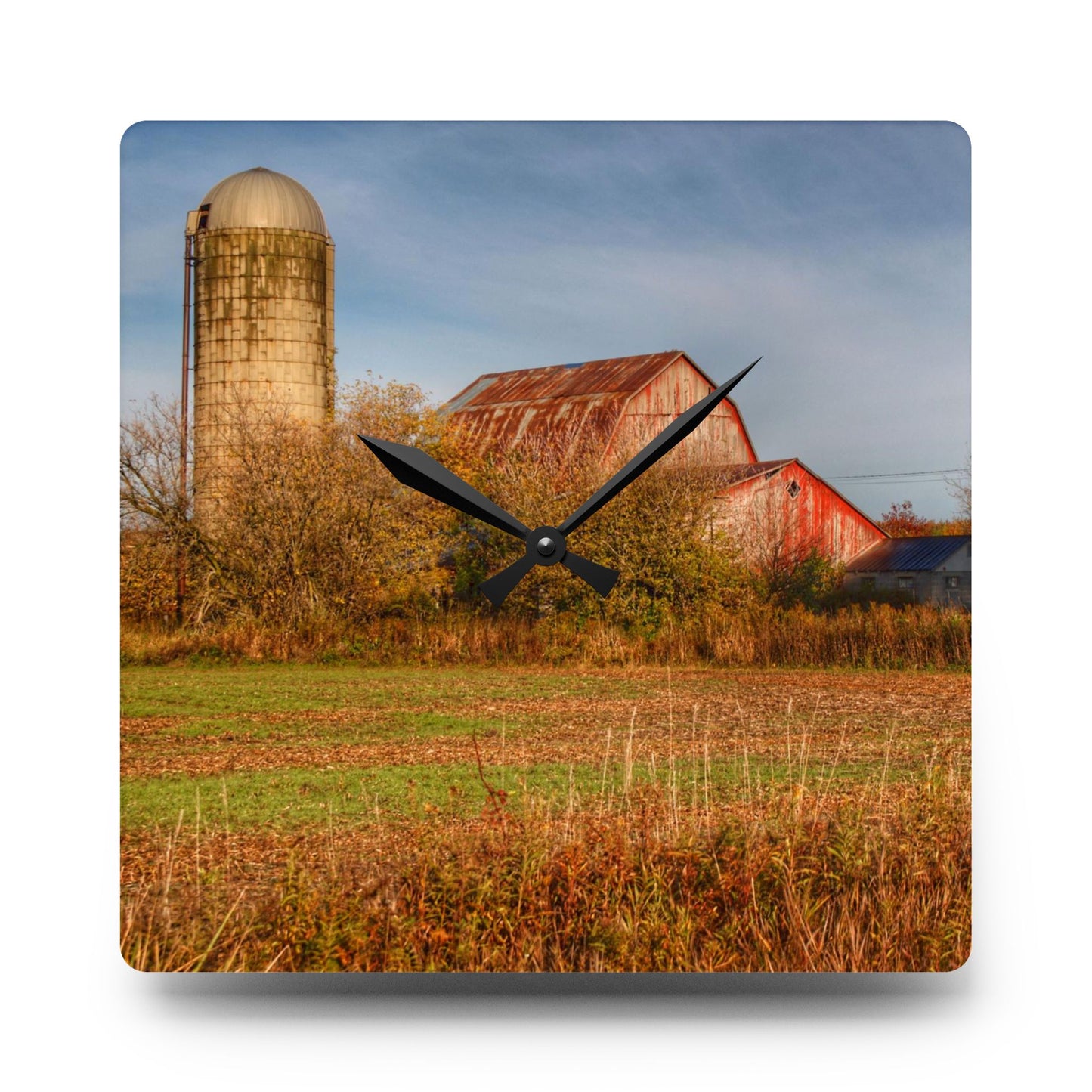 U R There Photography Cade Road Red and Silo Rustic Farmhouse Acrylic Analog Wall Clock