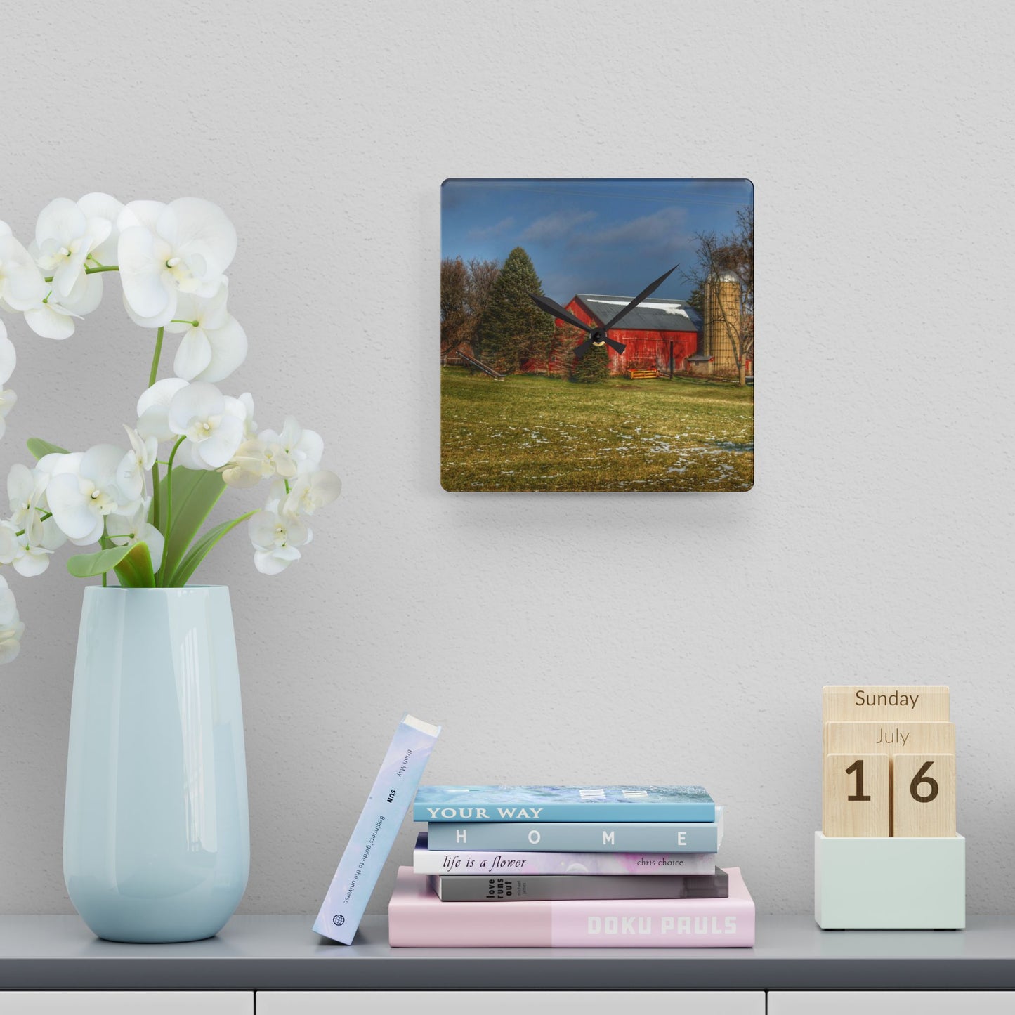 U R There Photography Columbiaville Road Red I Rustic Farmhouse Acrylic Analog Wall Clock