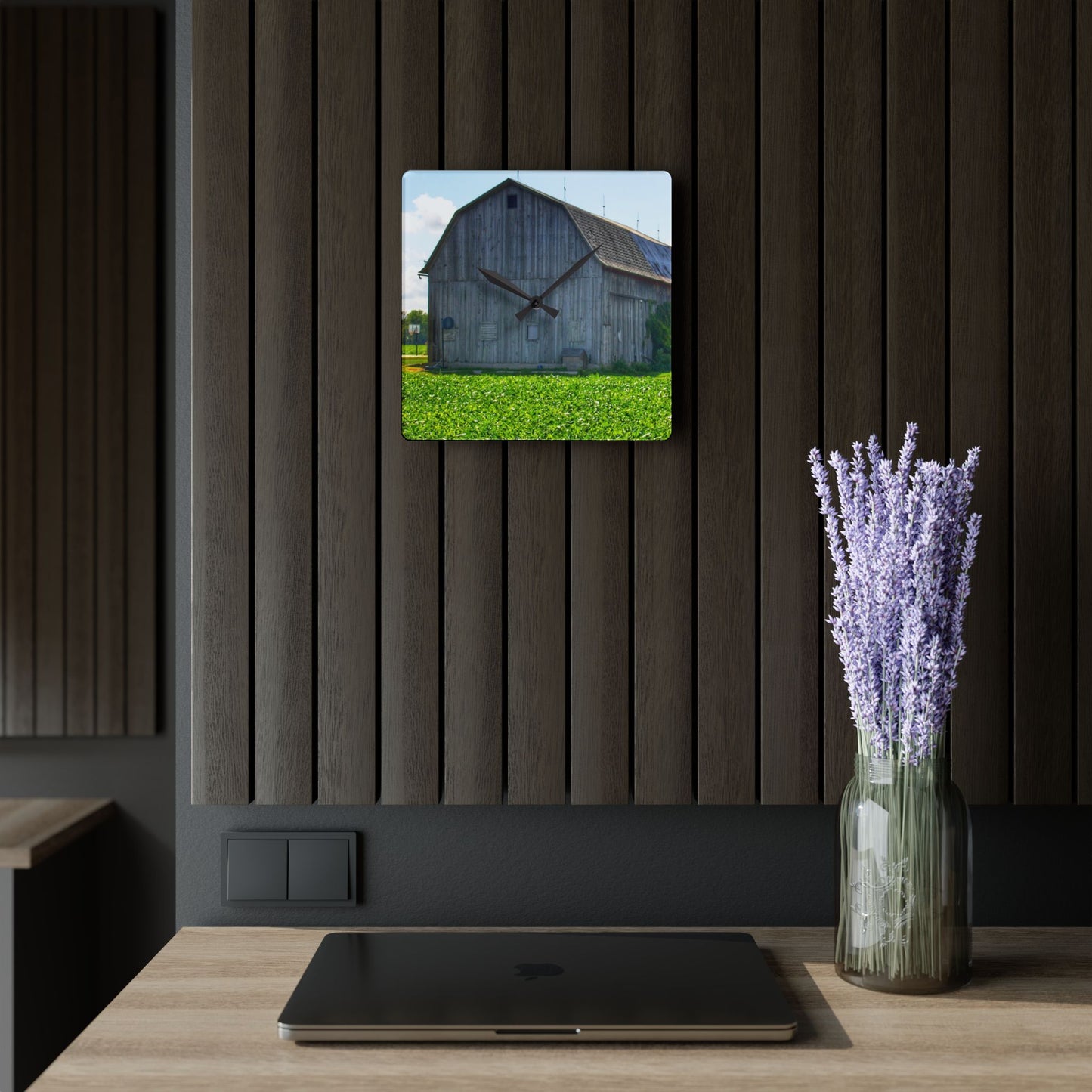U R There Photography Morning Roadside Grey Rustic Farmhouse Acrylic Analog Wall Clock