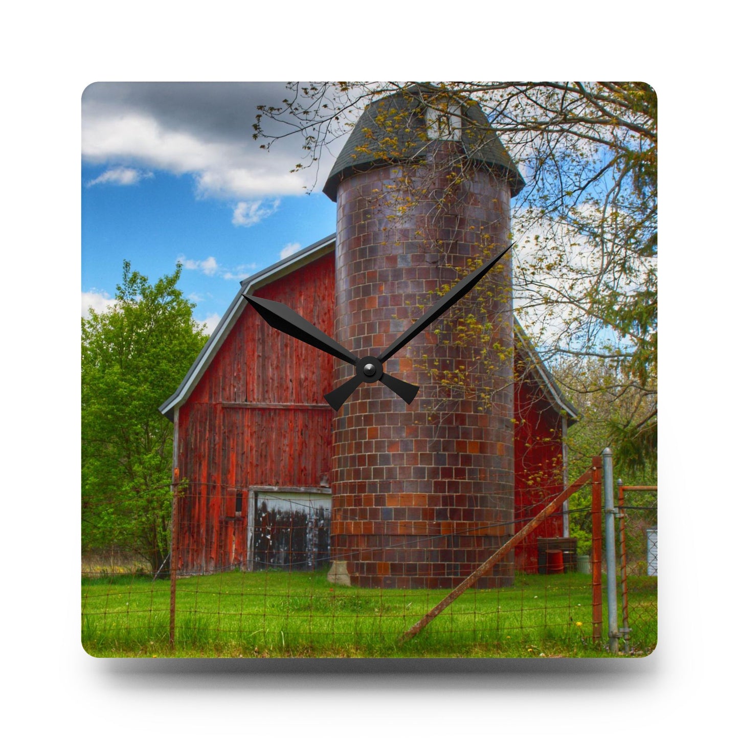 U R There Photography Mead Road Red Rustic Farmhouse Acrylic Analog Wall Clock