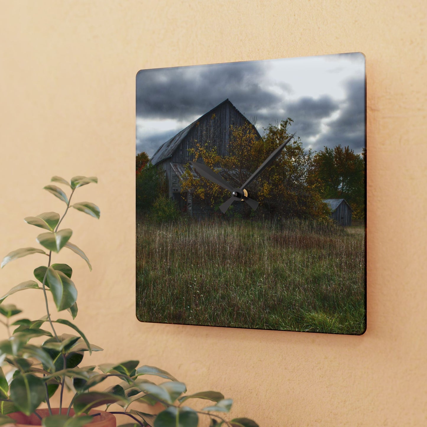 U R There Photography Church Road Grey V Rustic Farmhouse Acrylic Analog Wall Clock