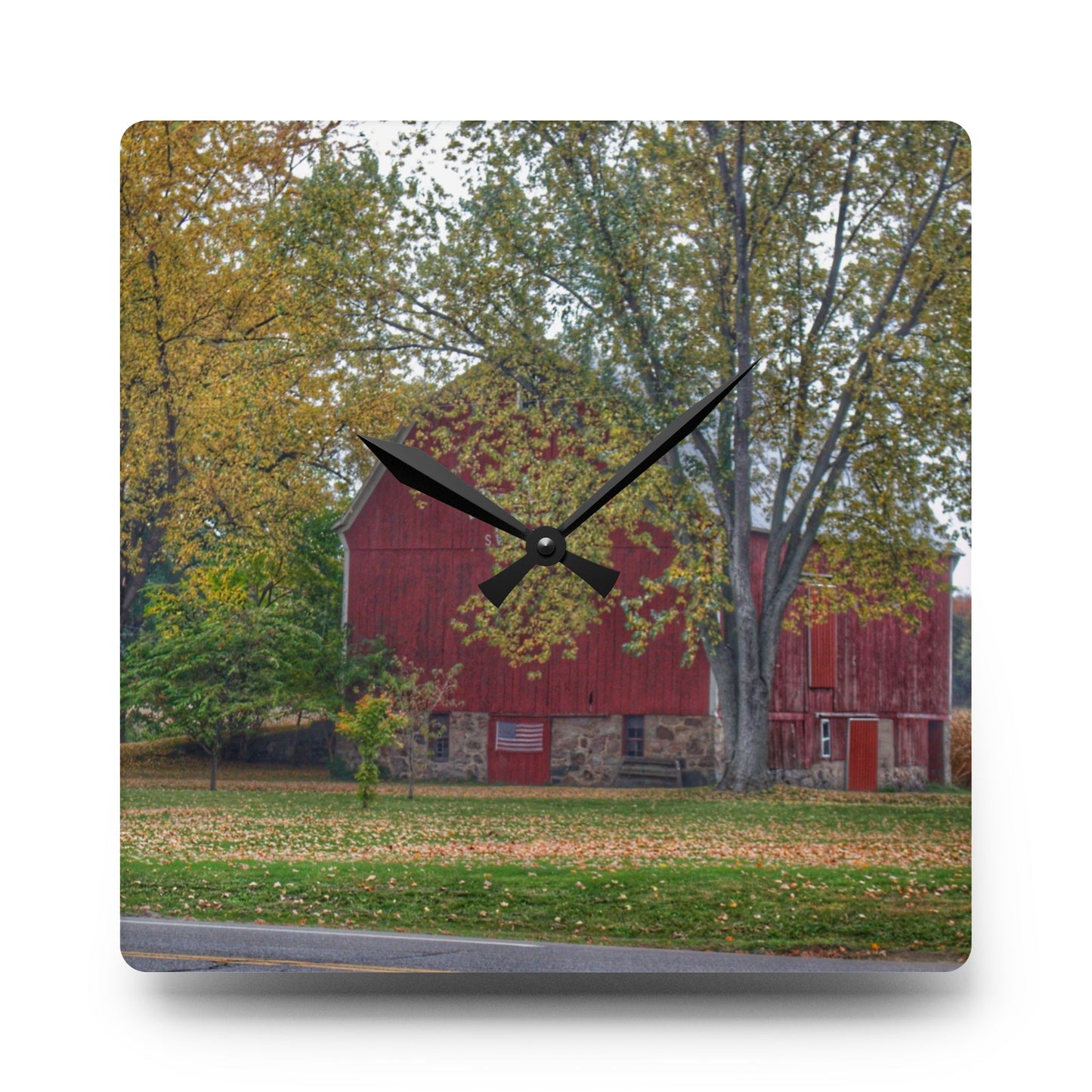 U R There Photography Mayville Lapeer Road Red in the Fall Rustic Farmhouse Acrylic Analog Wall Clock