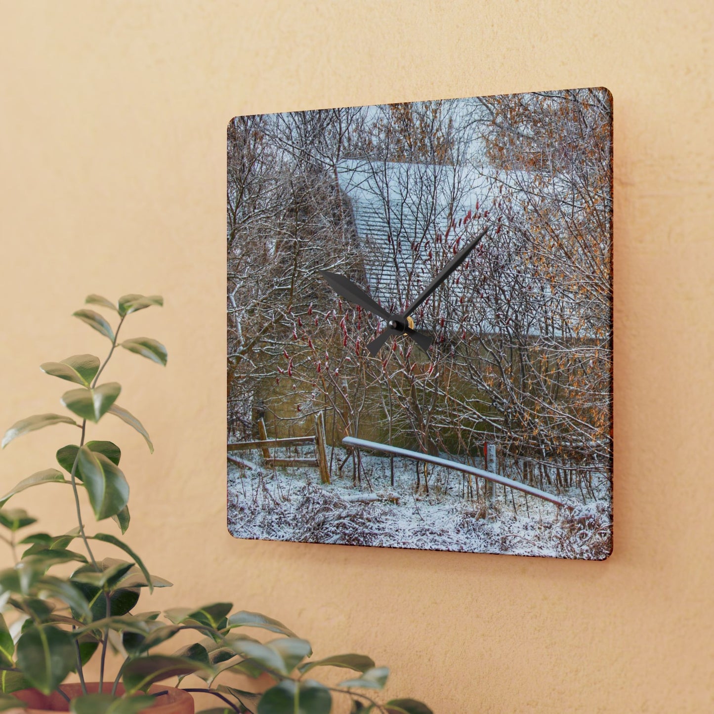 U R There Photography Dryden Road Hidden Winter Grey Rustic Farmhouse Acrylic Analog Wall Clock