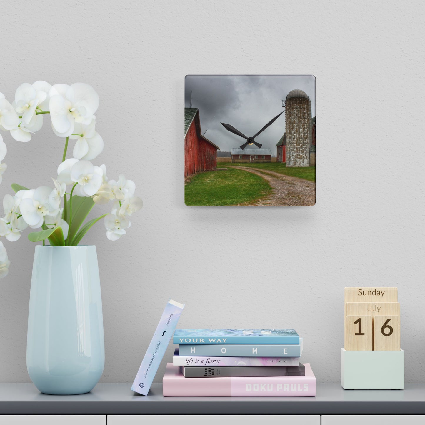 U R There Photography Roedel Roadside Reds II Rustic Farmhouse Acrylic Analog Wall Clock