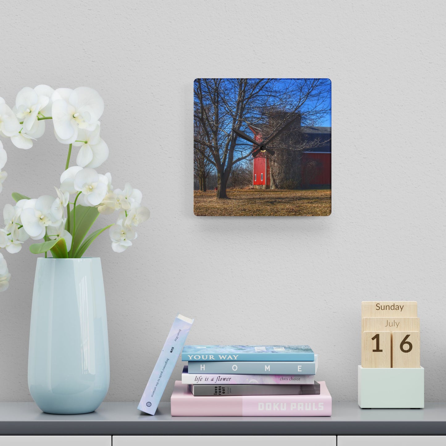 U R There Photography Leonard Road Red Rustic Farmhouse Acrylic Analog Wall Clock