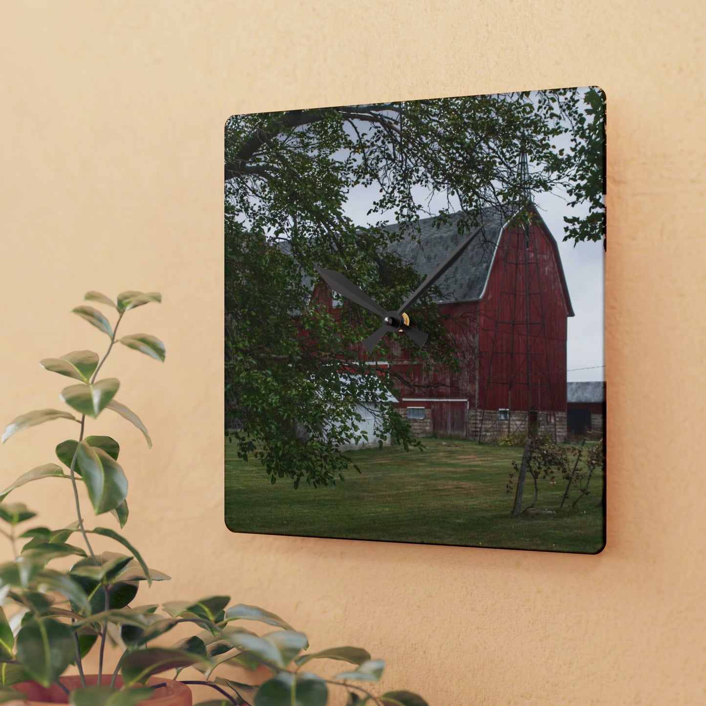 U R There Photography Weaver Road Red I Rustic Farmhouse Acrylic Analog Wall Clock