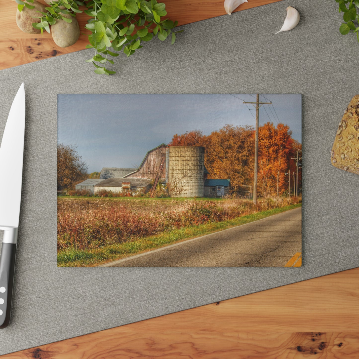 U R There Photography Plumb Creek Road Red in Fall II Rustic Farmhouse Tempered-Glass Cutting Board