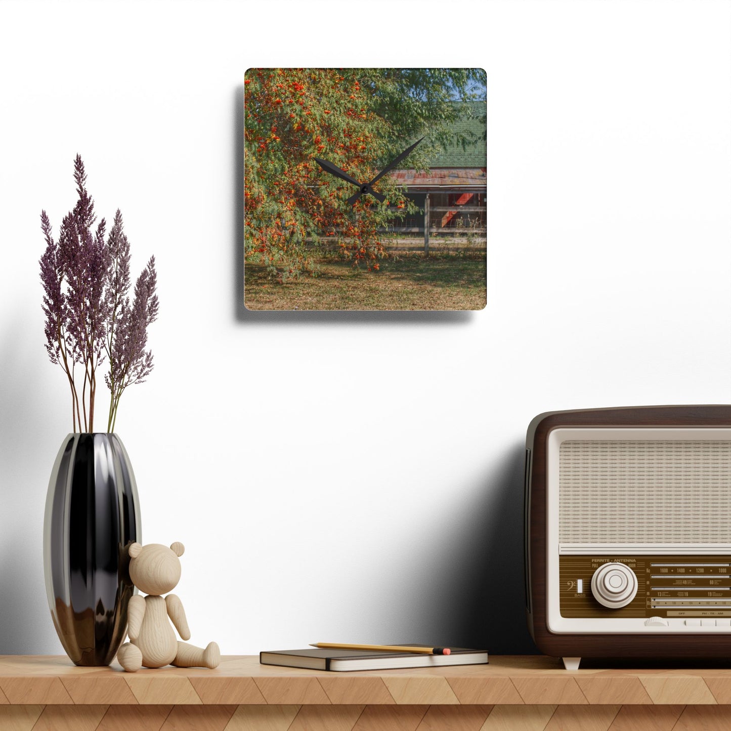 U R There Photography Farrand Road Red Coral by Flowering Tree Rustic Farmhouse Acrylic Analog Wall Clock
